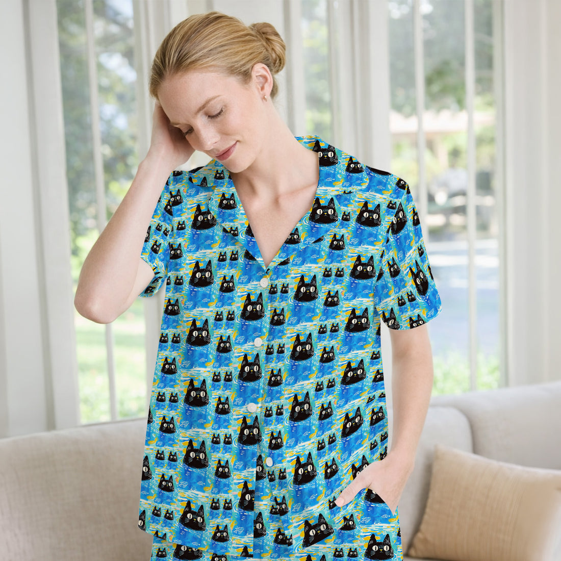 Black Cat Swimming In Blue Water Pattern Pajama Set, Soft Breathable Fabric Comfortable Sleepwear