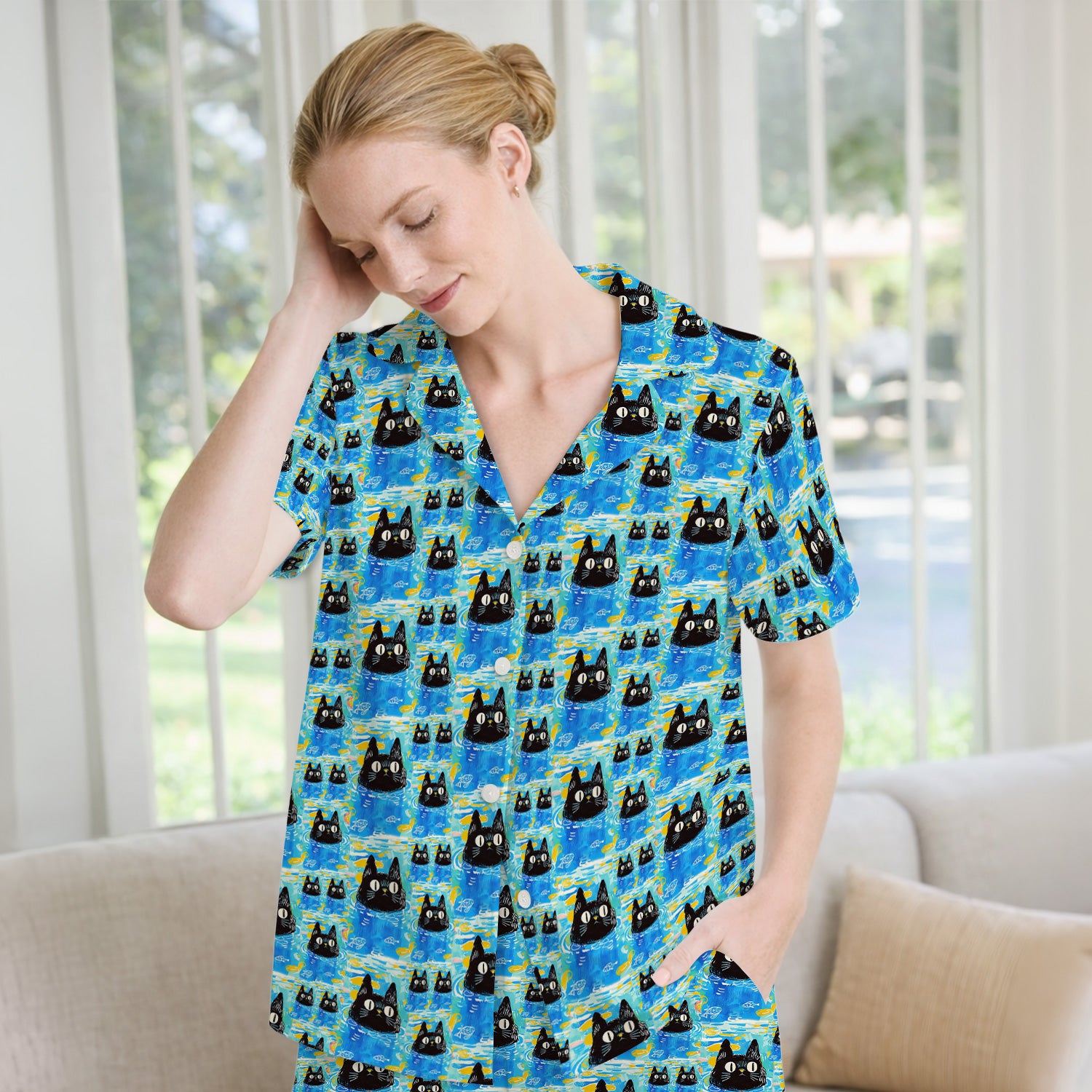 Black Cat Swimming In Blue Water Pattern Pajama Set, Soft Breathable Fabric Comfortable Sleepwear