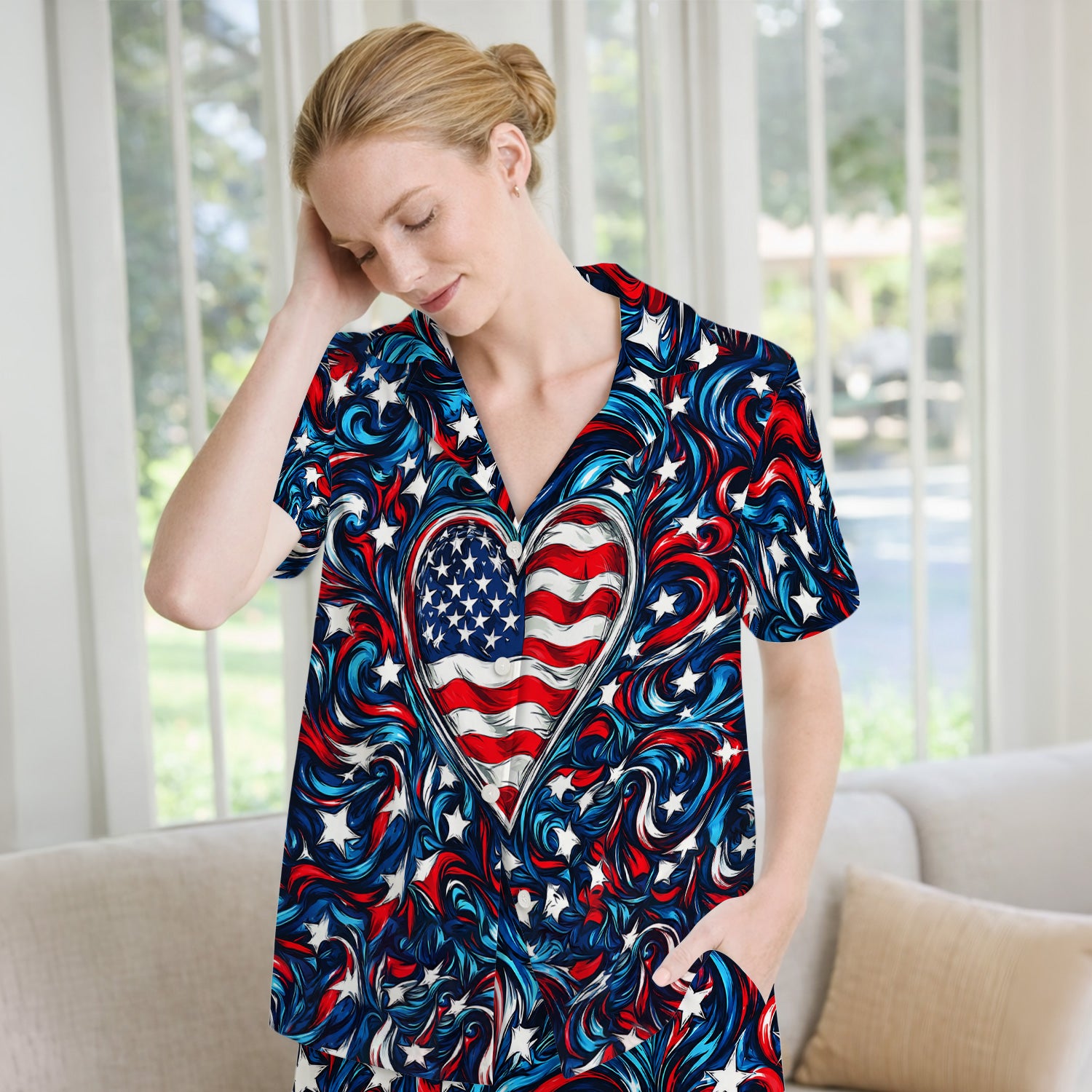 American Flag Heart Pattern Pajama Set, Soft Breathable Fabric Comfortable Sleepwear