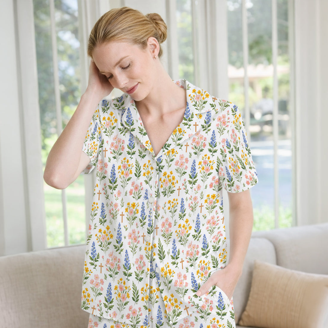 Pastel Floral Cross Nursing Pajama Set, Breathable Fabrics Uniform