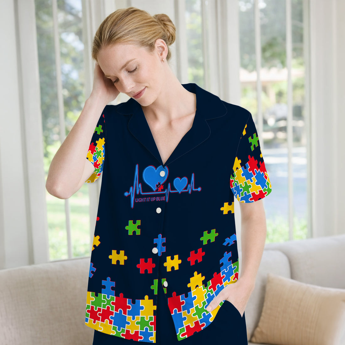 Autism Puzzle Heartbeat Light It Up Blue Print Pajama Set, Breathable Fabrics Uniform