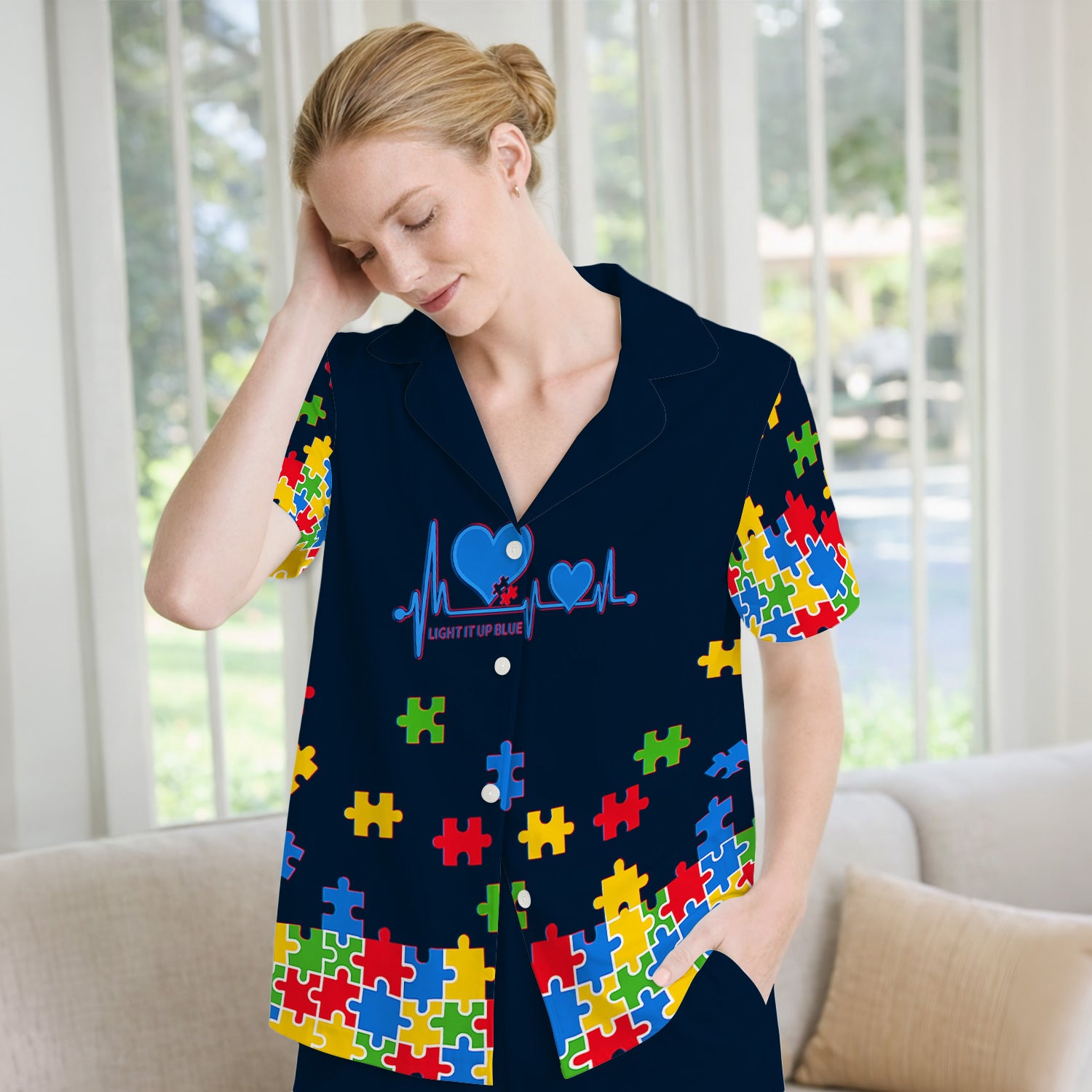 Autism Puzzle Heartbeat Light It Up Blue Print Pajama Set, Breathable Fabrics Uniform