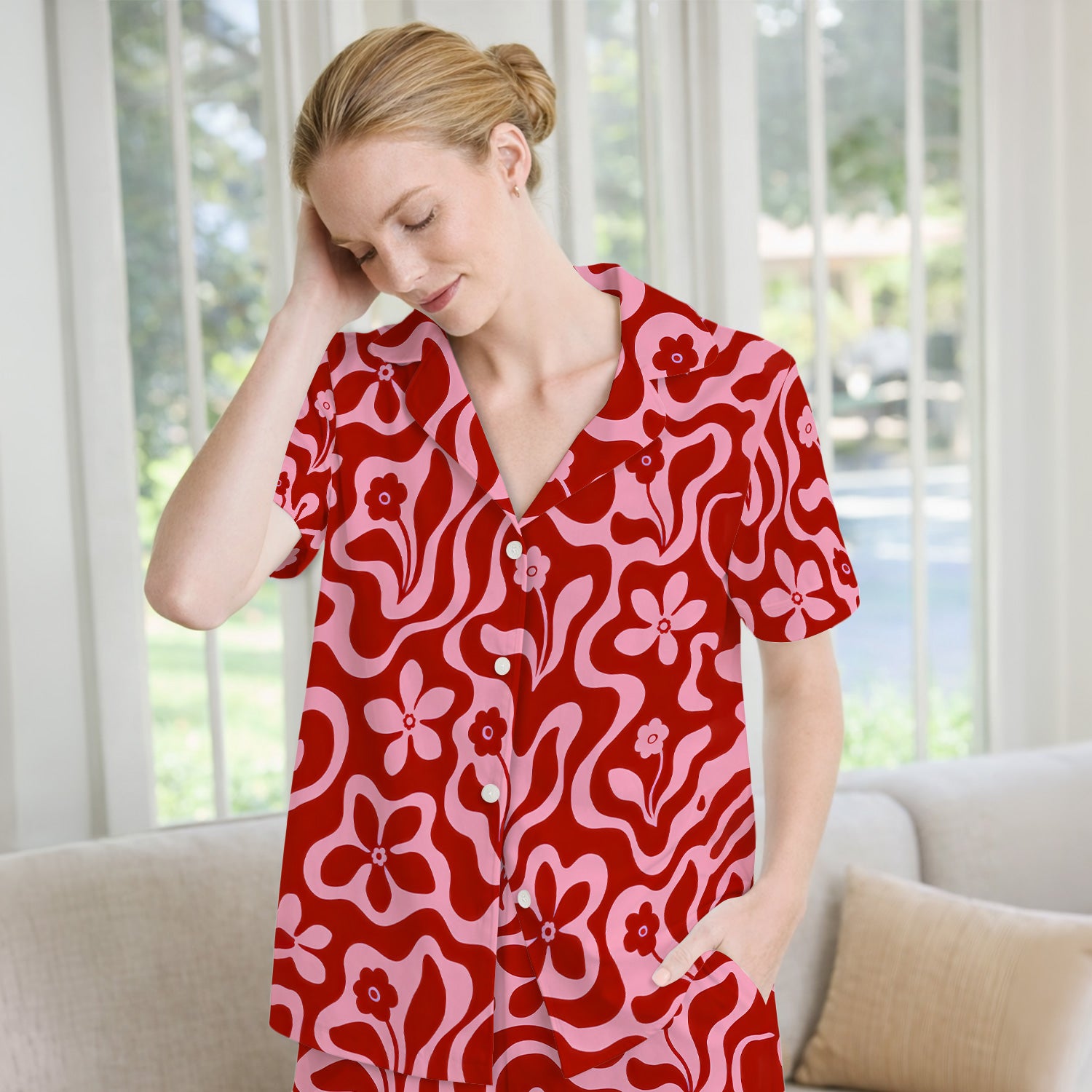 Retro Pink Floral Pattern, Groovy Medical Pajama Set, Soft Breathable Fabric Comfortable Sleepwear
