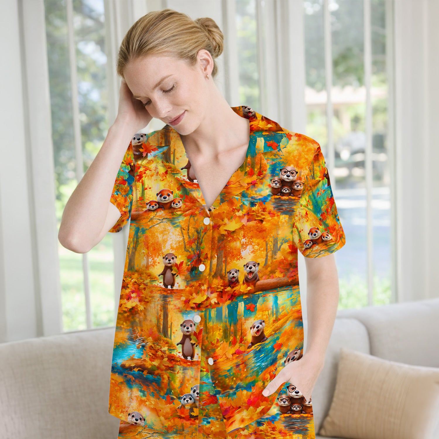 Cute Autumn Otter Leaf Forest Pattern Pajama Set, Soft Breathable Fabric Comfortable Sleepwear