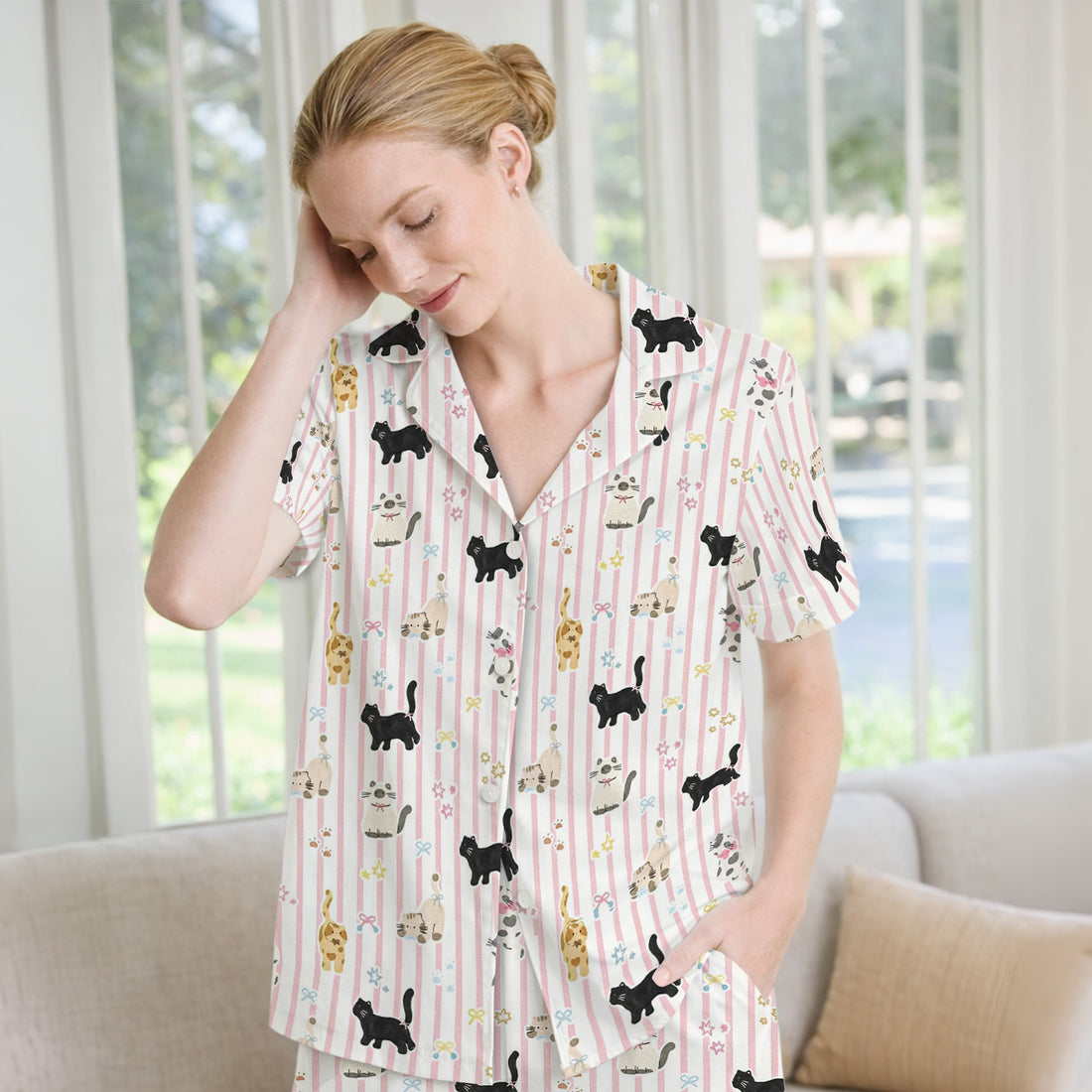 Cute Playful Cat Stripe Ribbon Pattern Pajama Set, Soft Breathable Fabric Comfortable Sleepwear