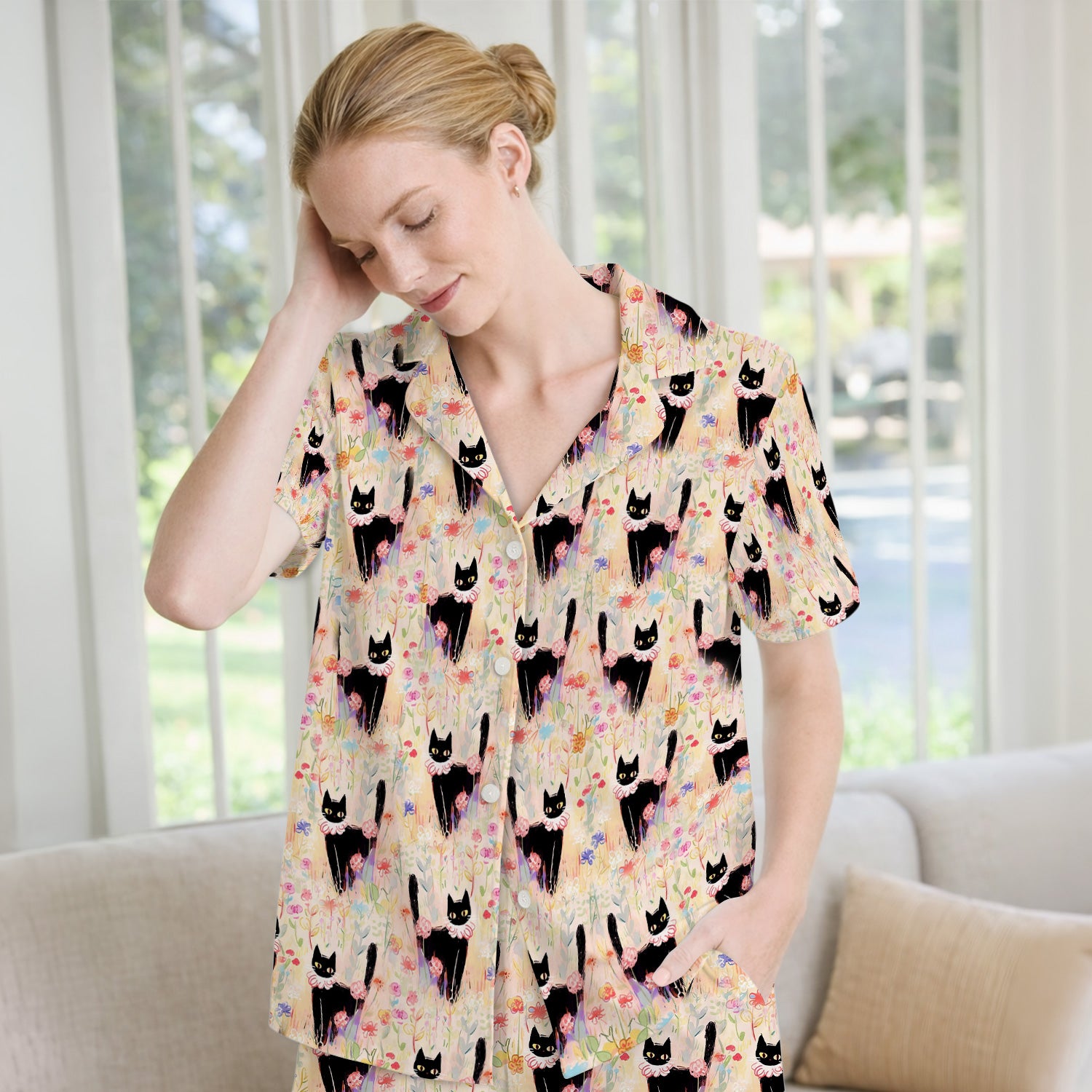 Black Cat Floral Garden Nurse Pattern Pajama Set, Soft Breathable Fabric Comfortable Sleepwear