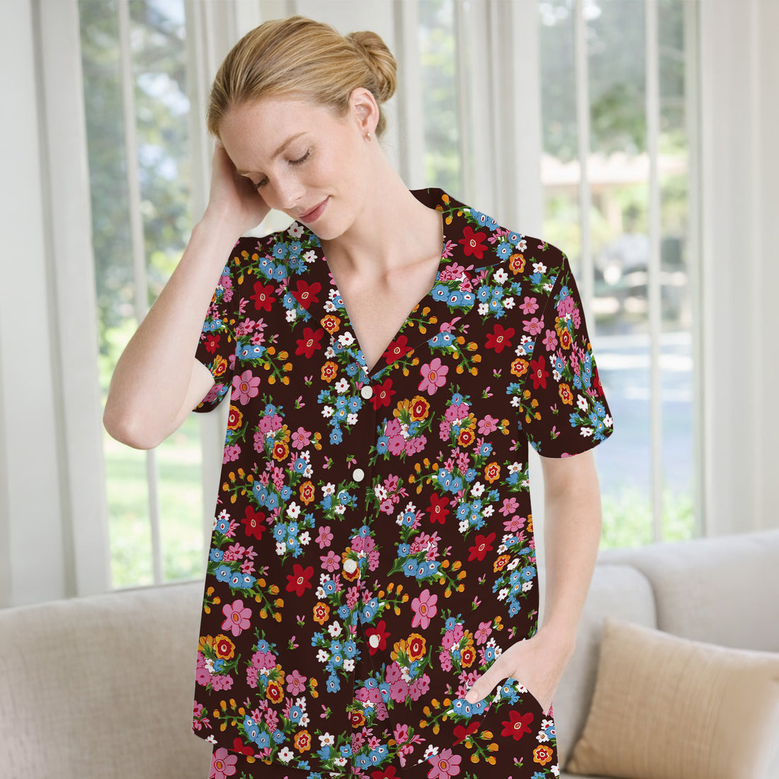 Charming Vintage Floral Bouquet Pattern Pajama Set, Breathable Fabrics Uniform