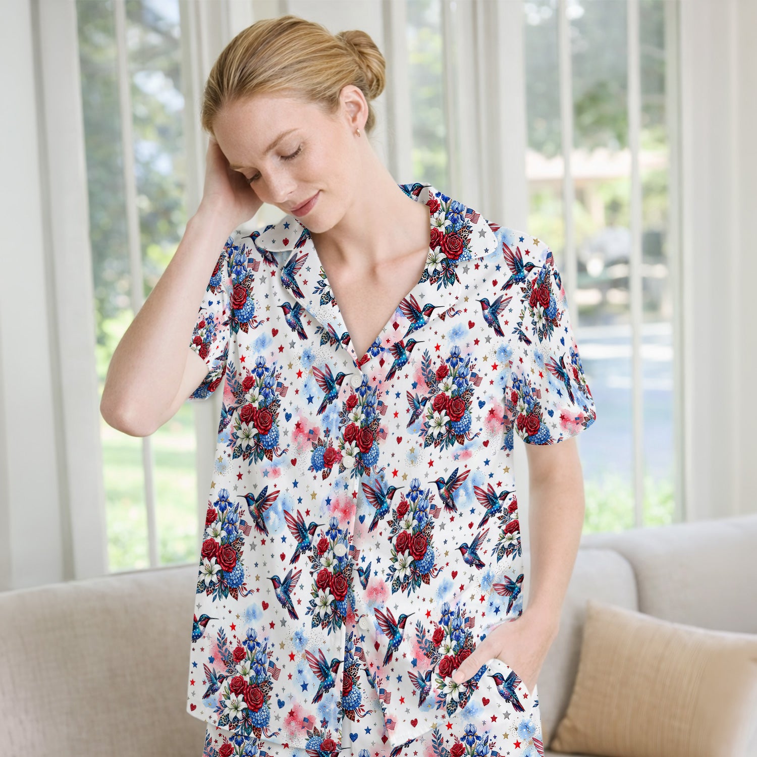 Patriotic Hummingbird Floral Bouquet Pattern Pajama Set, Soft Breathable Fabric Comfortable Sleepwear