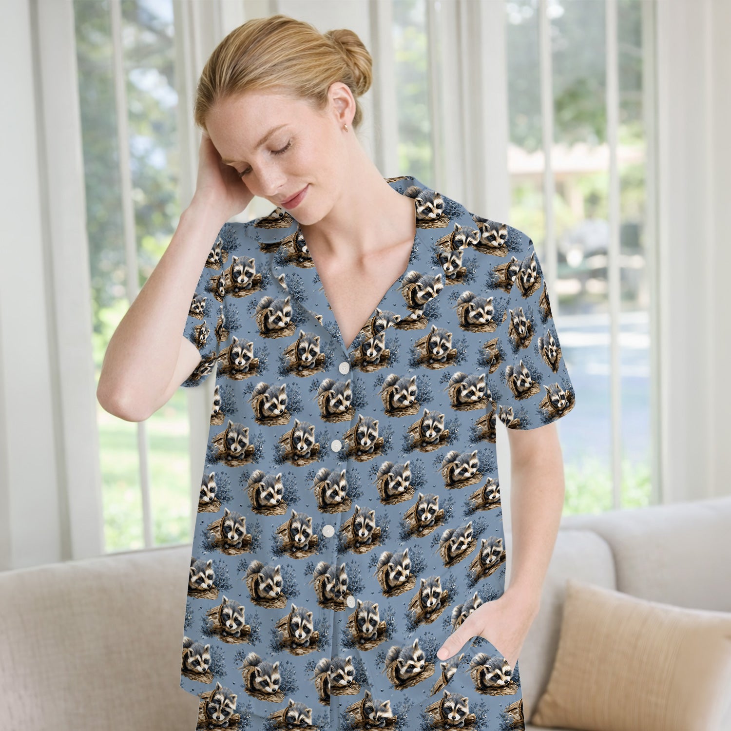 Cute Raccoon In Log Pattern Pajama Set, Soft Breathable Fabric Comfortable Sleepwear