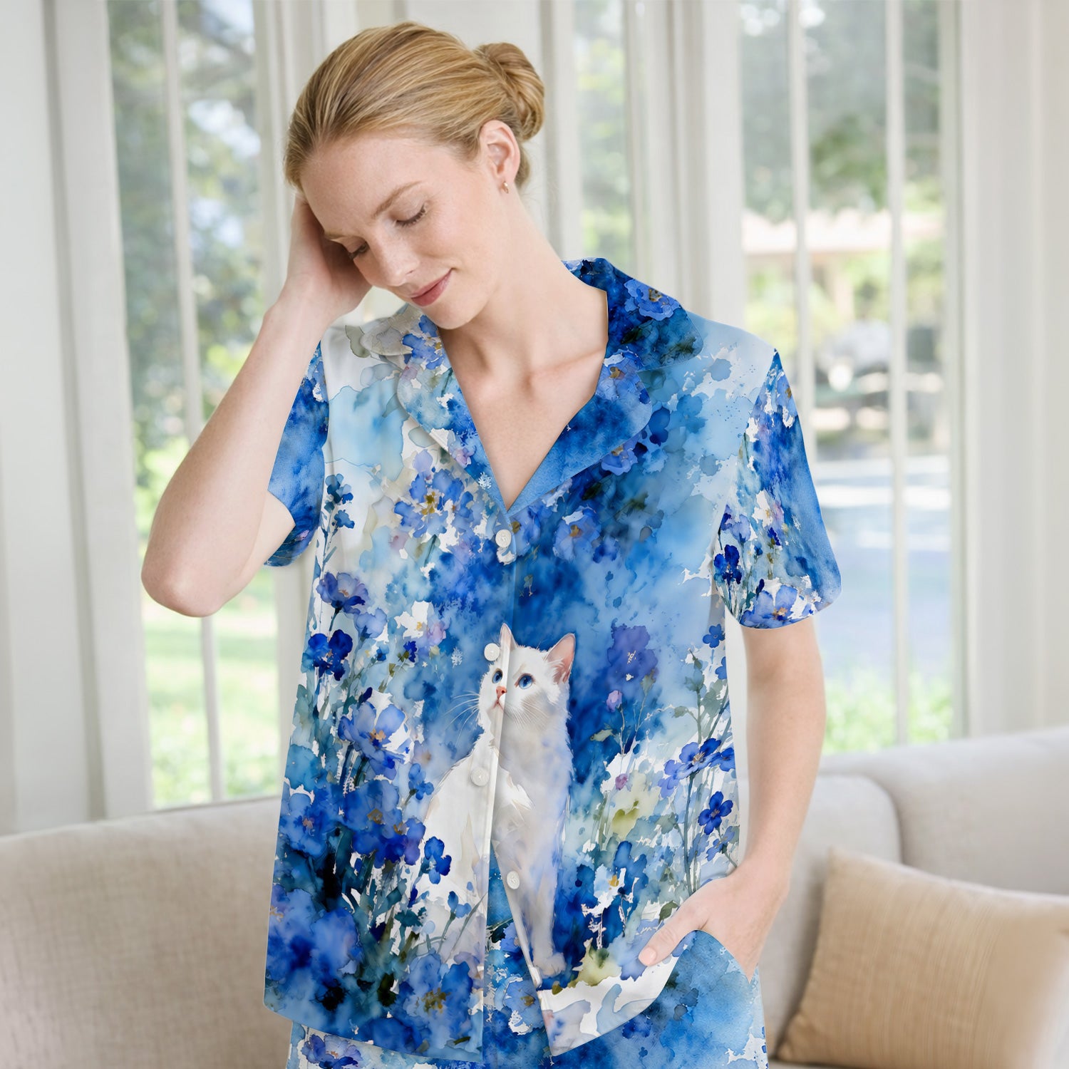 Adorable Blue Floral White Cat Pattern Pajama Set, Soft Breathable Fabric Comfortable Sleepwear