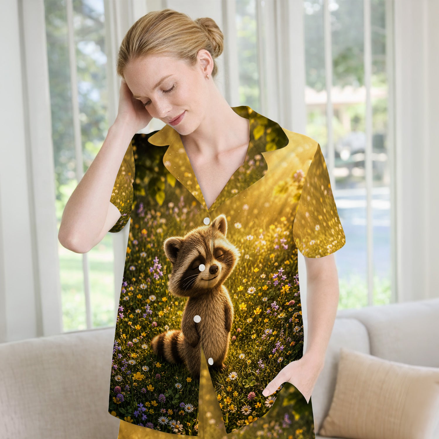 Smiling Raccoon Meadow Flower Pattern Pajama Set, Soft Breathable Fabric Comfortable Sleepwear