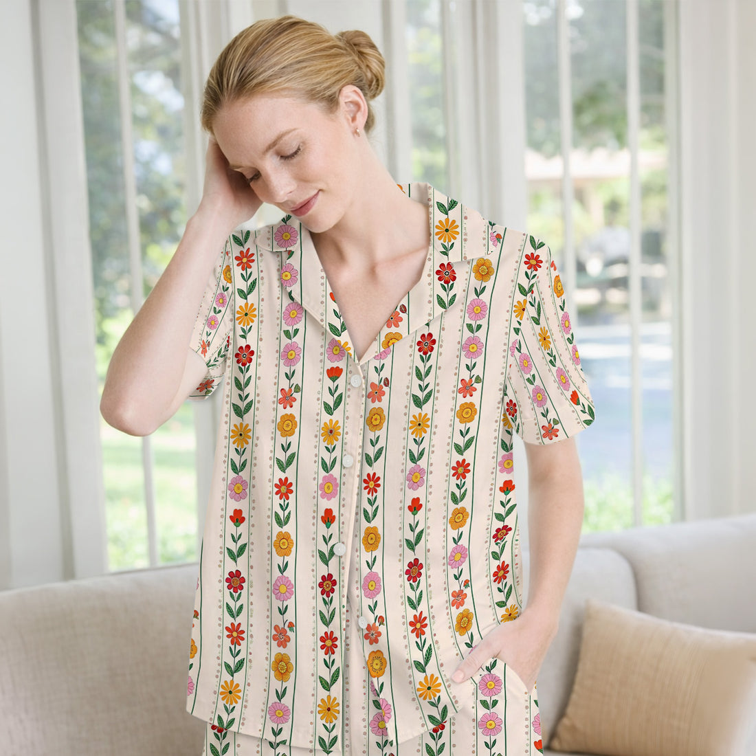 Retro Floral Stripe Print Pajama Set, Soft Breathable Fabric Comfortable Sleepwear