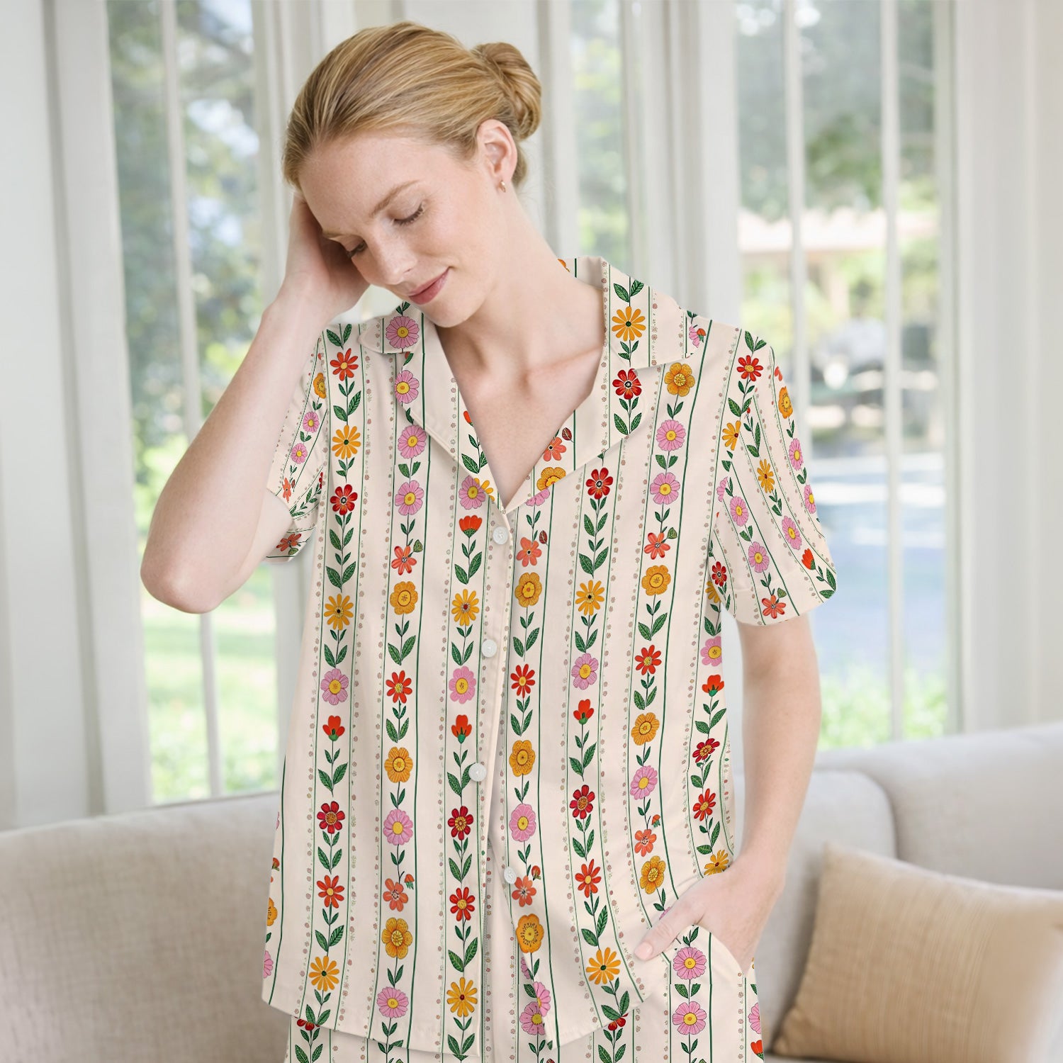 Retro Floral Stripe Print Pajama Set, Soft Breathable Fabric Comfortable Sleepwear