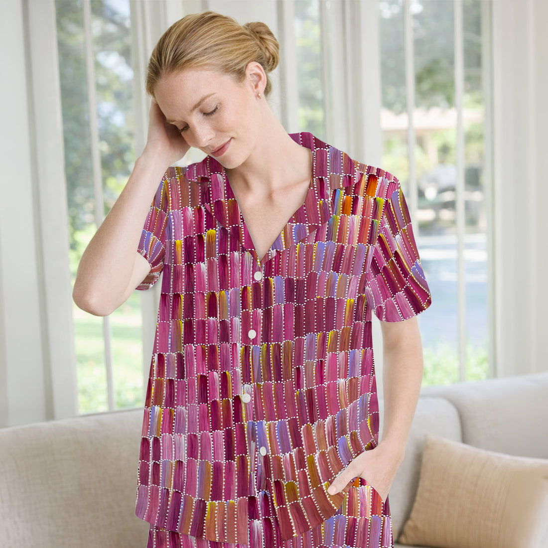Colorful Abstract Brushstroke Dotted Pattern Pajama Set, Soft Breathable Fabric Comfortable Sleepwear