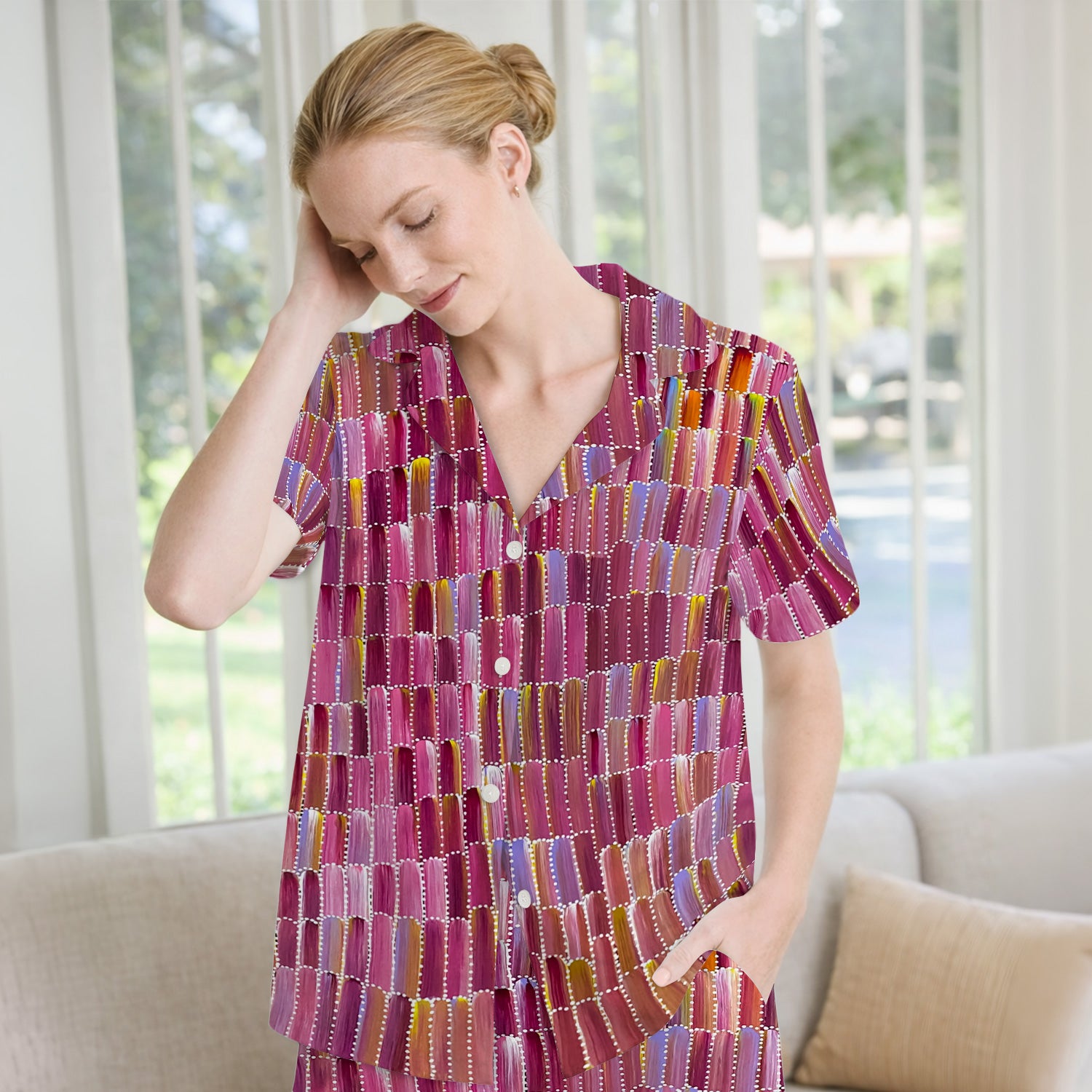 Colorful Abstract Brushstroke Dotted Pattern Pajama Set, Soft Breathable Fabric Comfortable Sleepwear