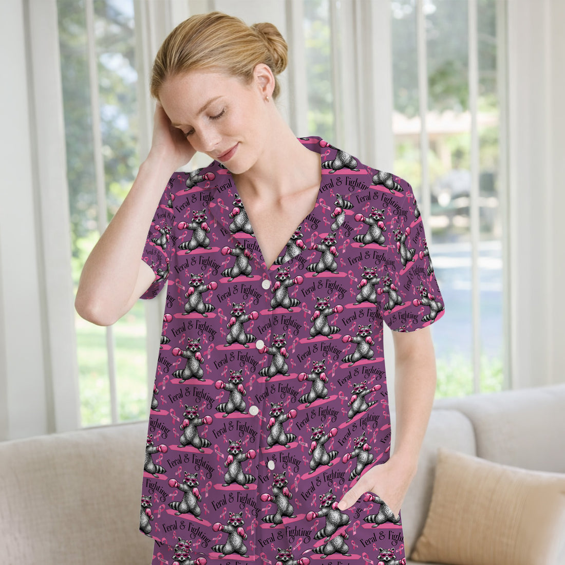 Breast Cancer Awareness Raccoon Pajama Set, Soft Breathable Fabric Comfortable Sleepwear