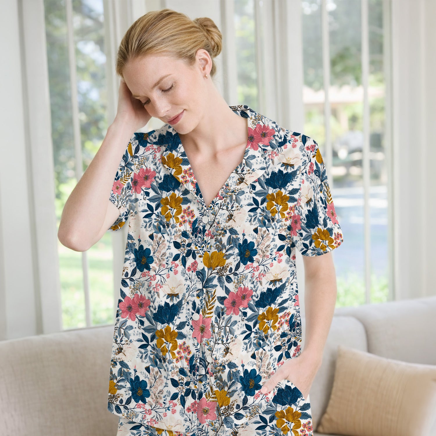Elegant Floral Garden Bloom Pattern Pajama Set, Soft Breathable Fabric Comfortable Sleepwear