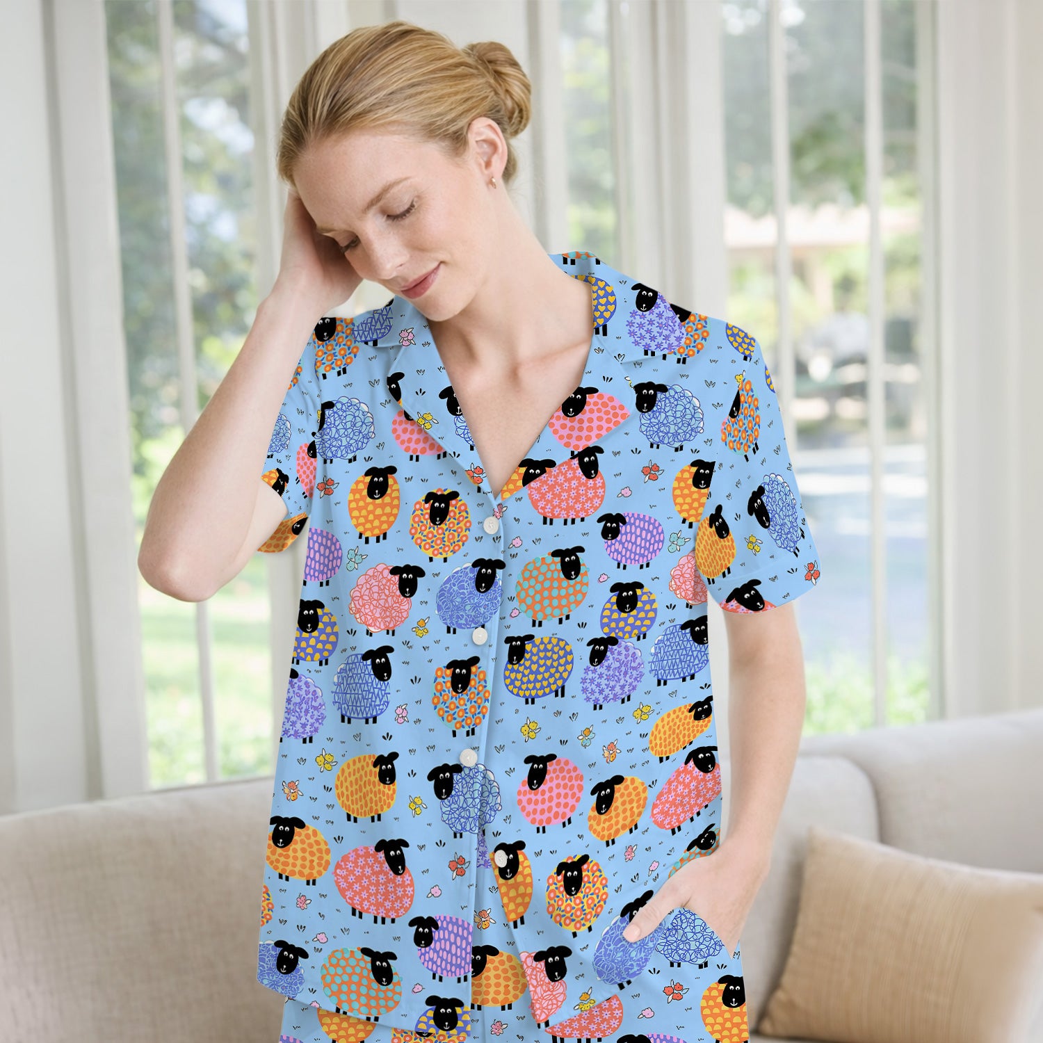 Funny Colorful Sheep Pattern Pajama Set, Breathable Fabrics Uniform