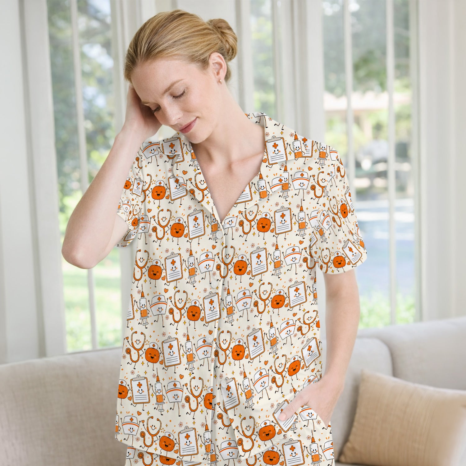 Halloween Stethoscope And Medical Icons Pajama Set, Soft Breathable Fabric Comfortable Sleepwear