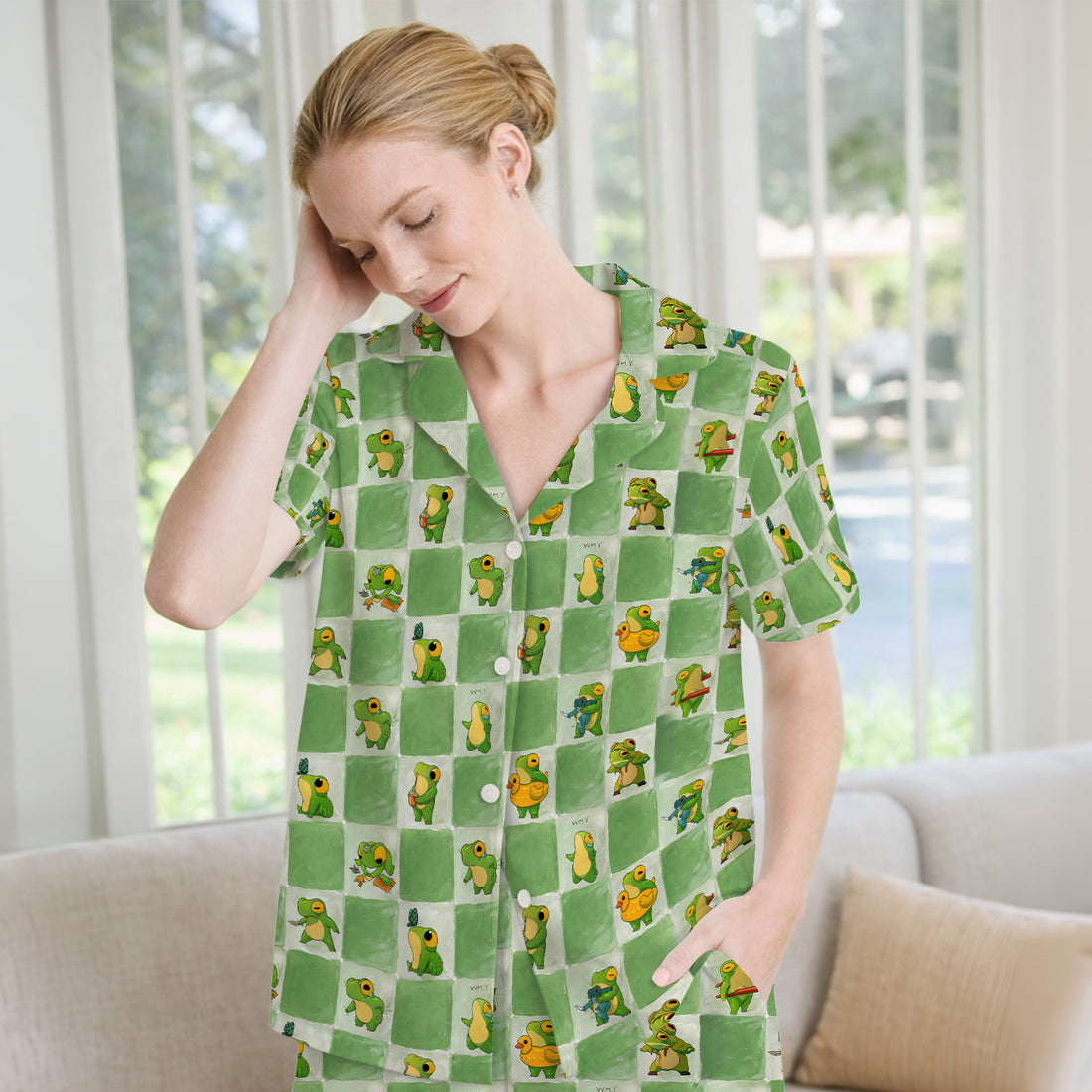 Cute Frog Duck Checkerboard Pattern Pajama Set, Breathable Fabrics Uniform