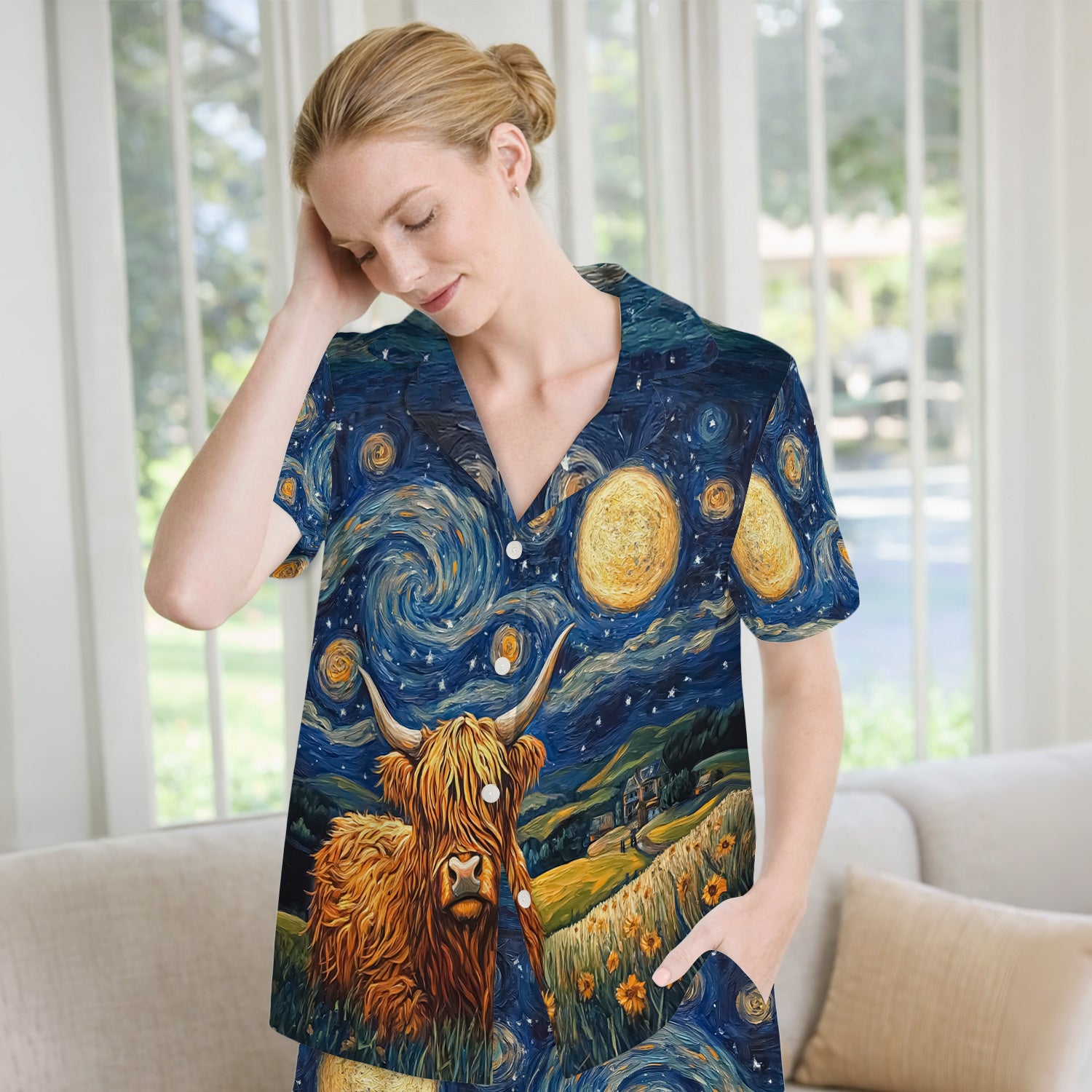 Artistic Highland Cow Starry Night Scene Pattern Pajama Set, Soft Breathable Fabric Comfortable Sleepwear