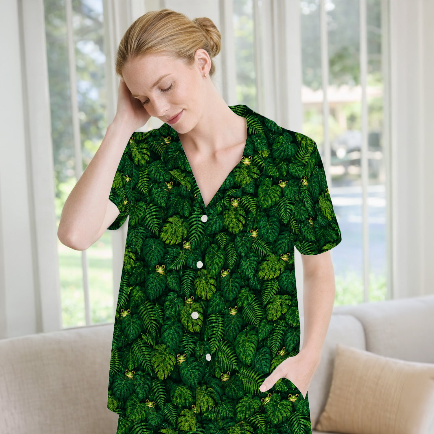 Cute Hidden Frog Jungle Pattern Pajama Set, Soft Breathable Fabric Comfortable Sleepwear