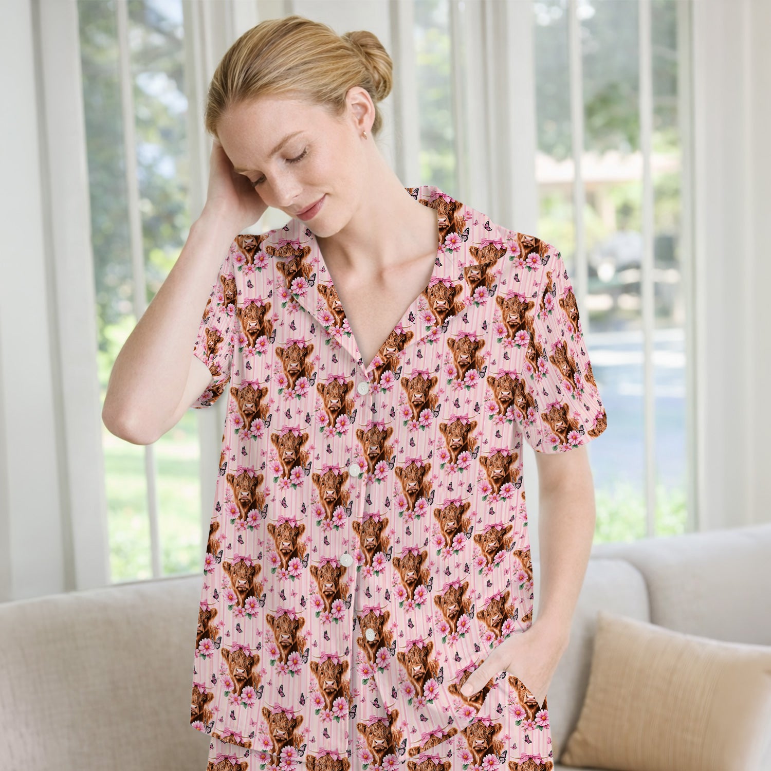 Pink Highland Cow Floral Pajama Set, Soft Breathable Fabric Comfortable Sleepwear