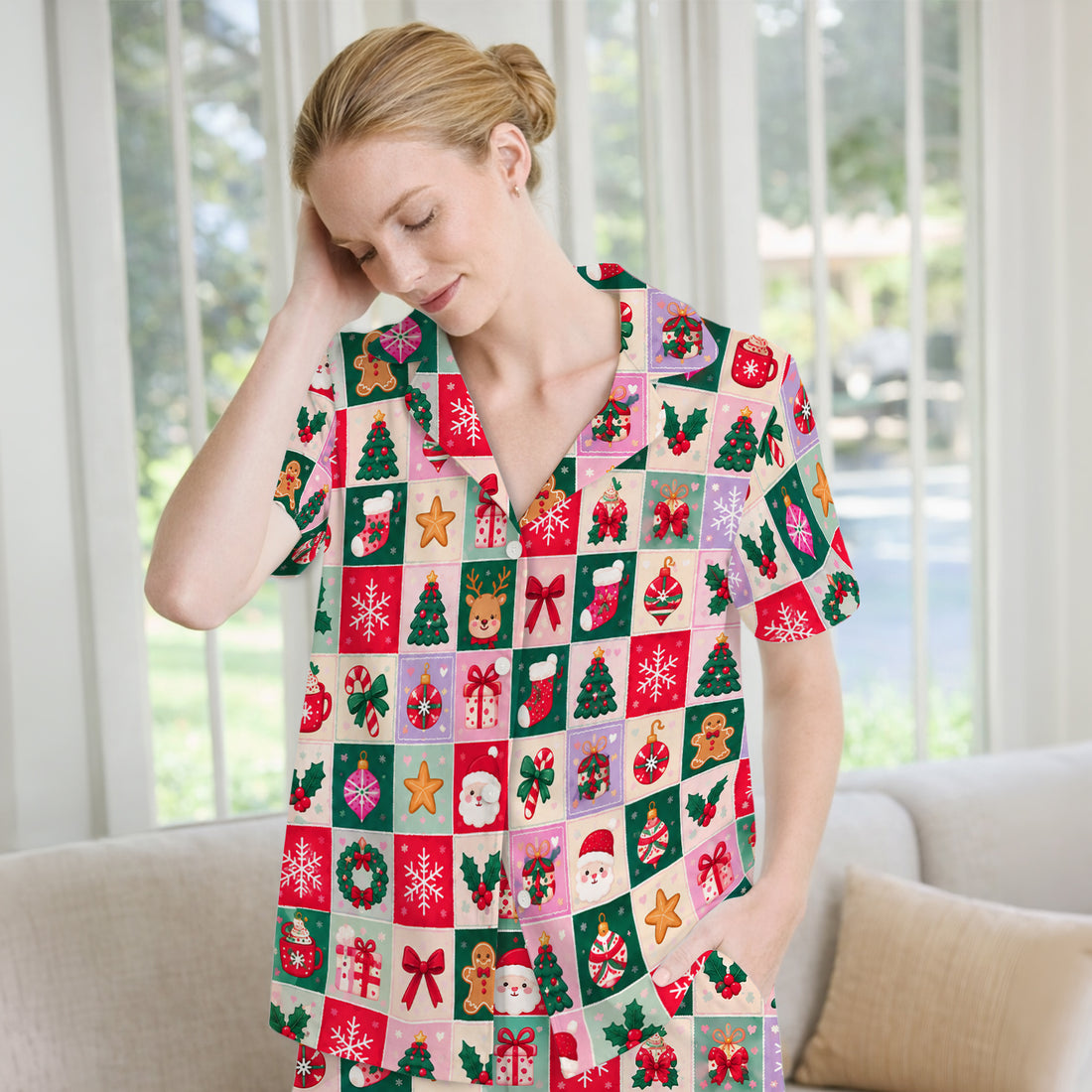 Cute Christmas Santa Patchwork Pajama Set, Soft Breathable Fabric Comfortable Sleepwear