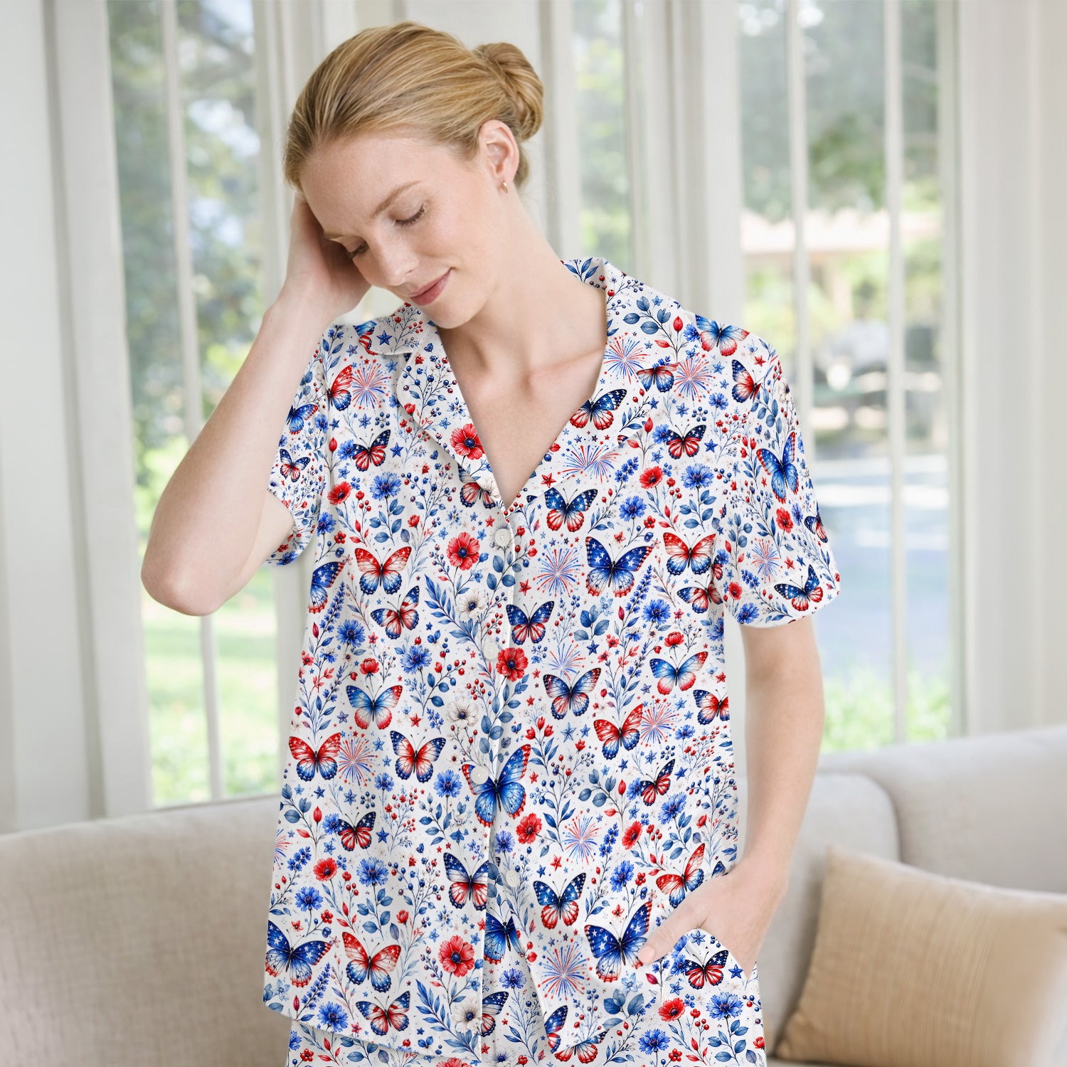 Patriotic Butterfly Fireworks Floral Pattern Pajama Set, Soft Breathable Fabric Comfortable Sleepwear