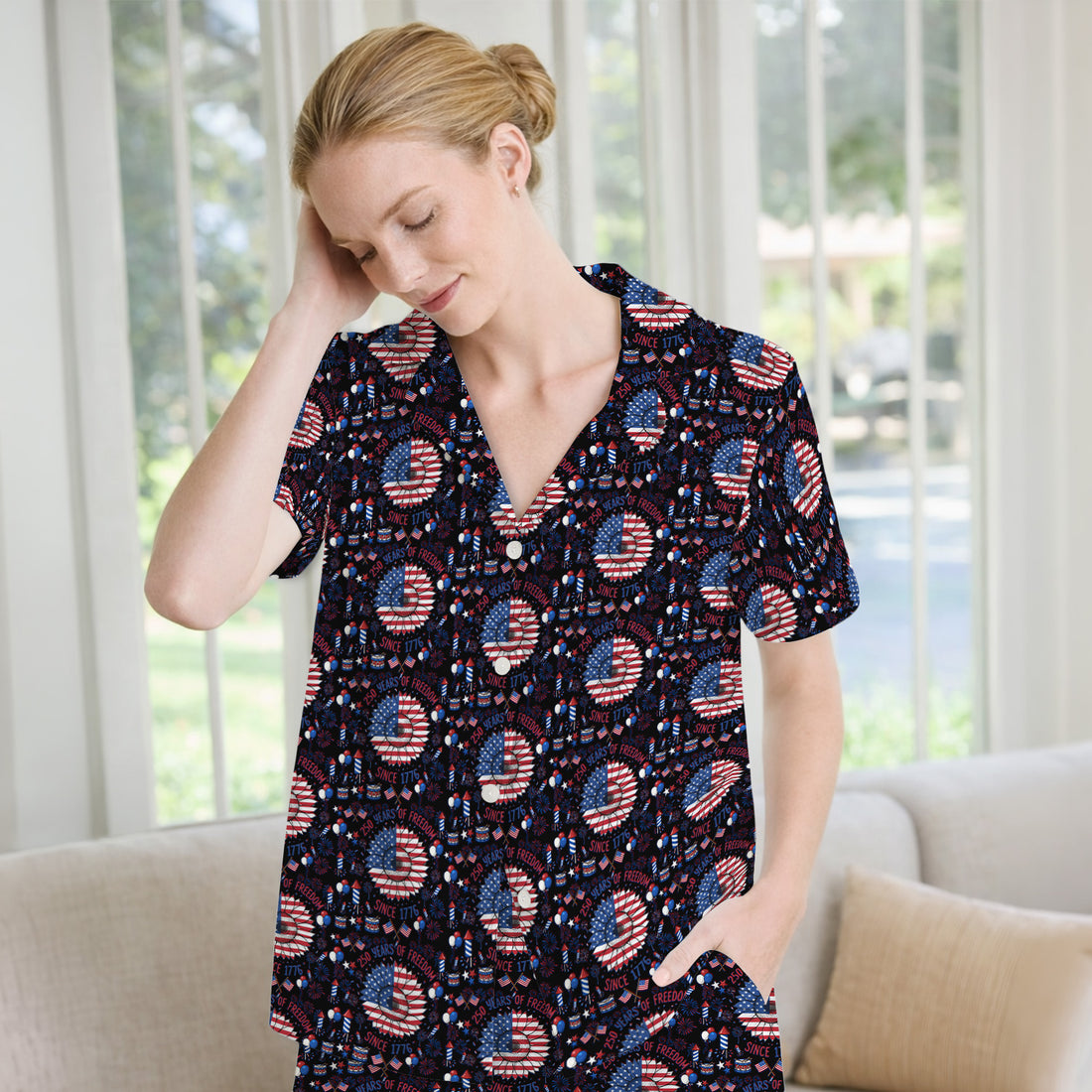 Festive Patriotic Sunflower American Flag Fireworks Pattern Pajama Set, Breathable Fabrics Uniform