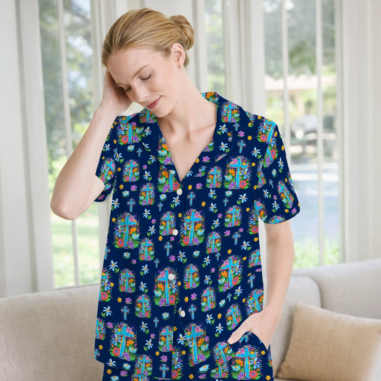 Christian Floral Cross Spring Pattern Pajama Set, Breathable Fabrics Uniform