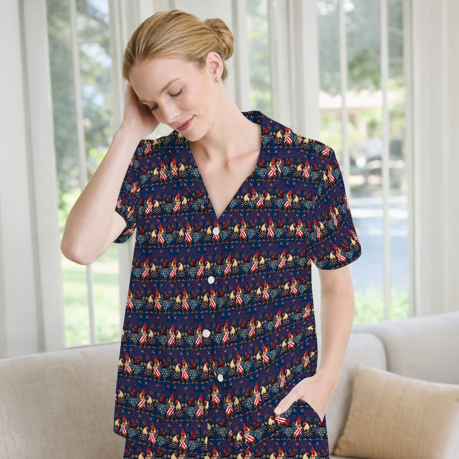 Patriotic Rooster Fireworks Pattern Pajama Set, Breathable Fabrics Uniform