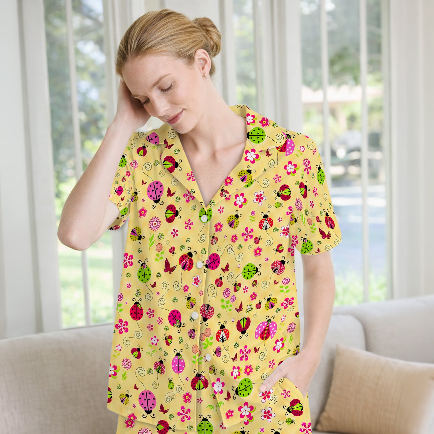 Yellow Ladybug Floral Garden Pattern Pajama Set, Soft Breathable Fabric Comfortable Sleepwear