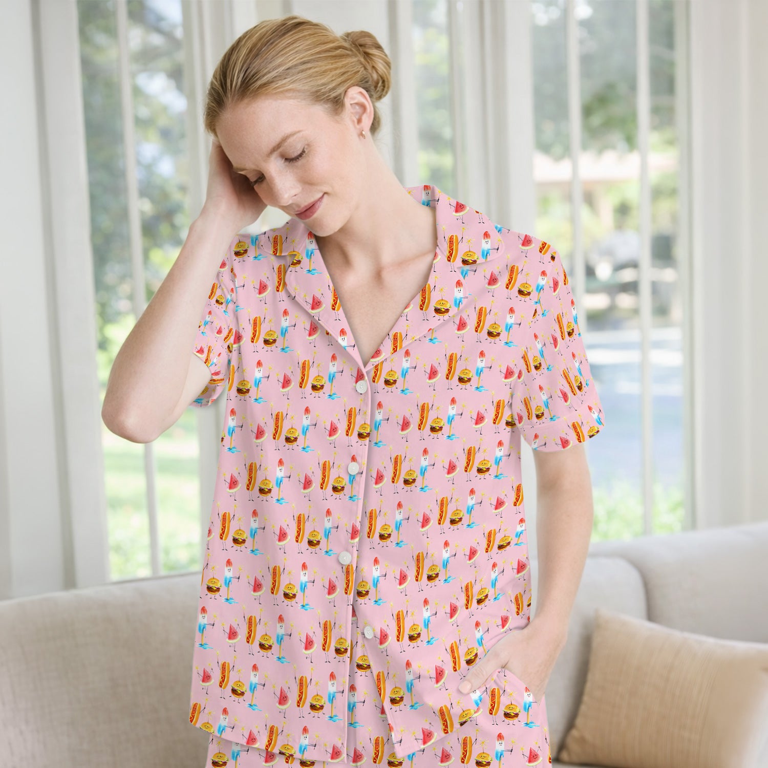 Funny Summer Food Icons Pattern Scrub Set, Breathable Fabrics Nursing Uniform
