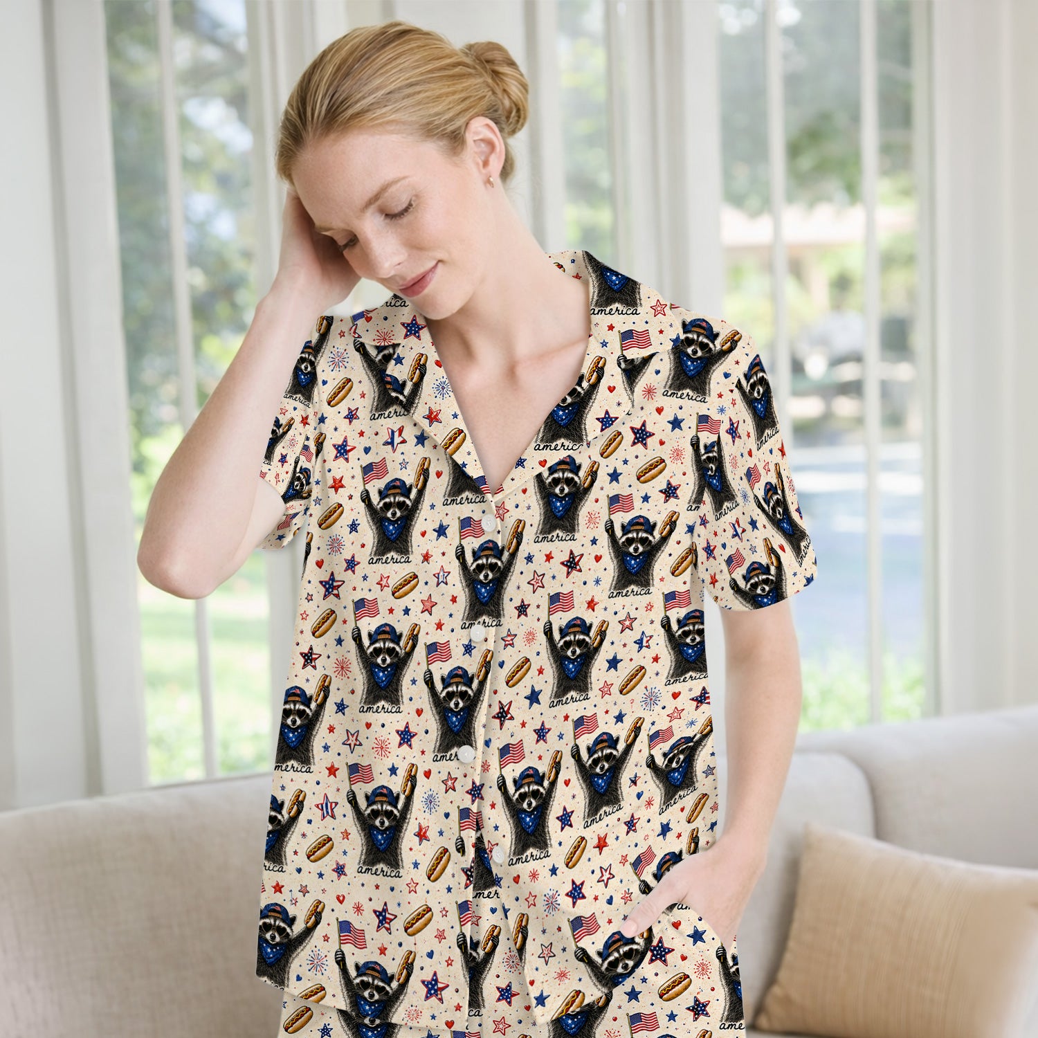 Patriotic Raccoon America Hotdog Pattern Pajama Set, Soft Breathable Fabric Comfortable Sleepwear