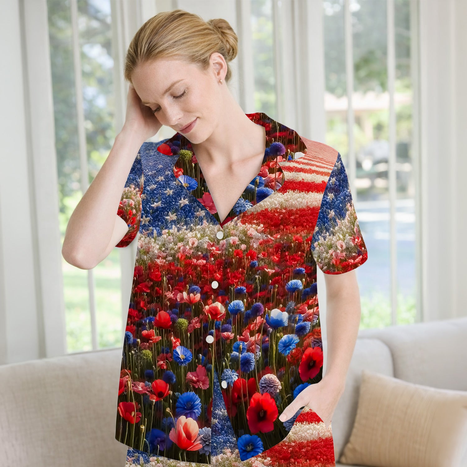 Festive Nurse American Flag Wildflower Field Pajama Set, Breathable Fabrics Uniform
