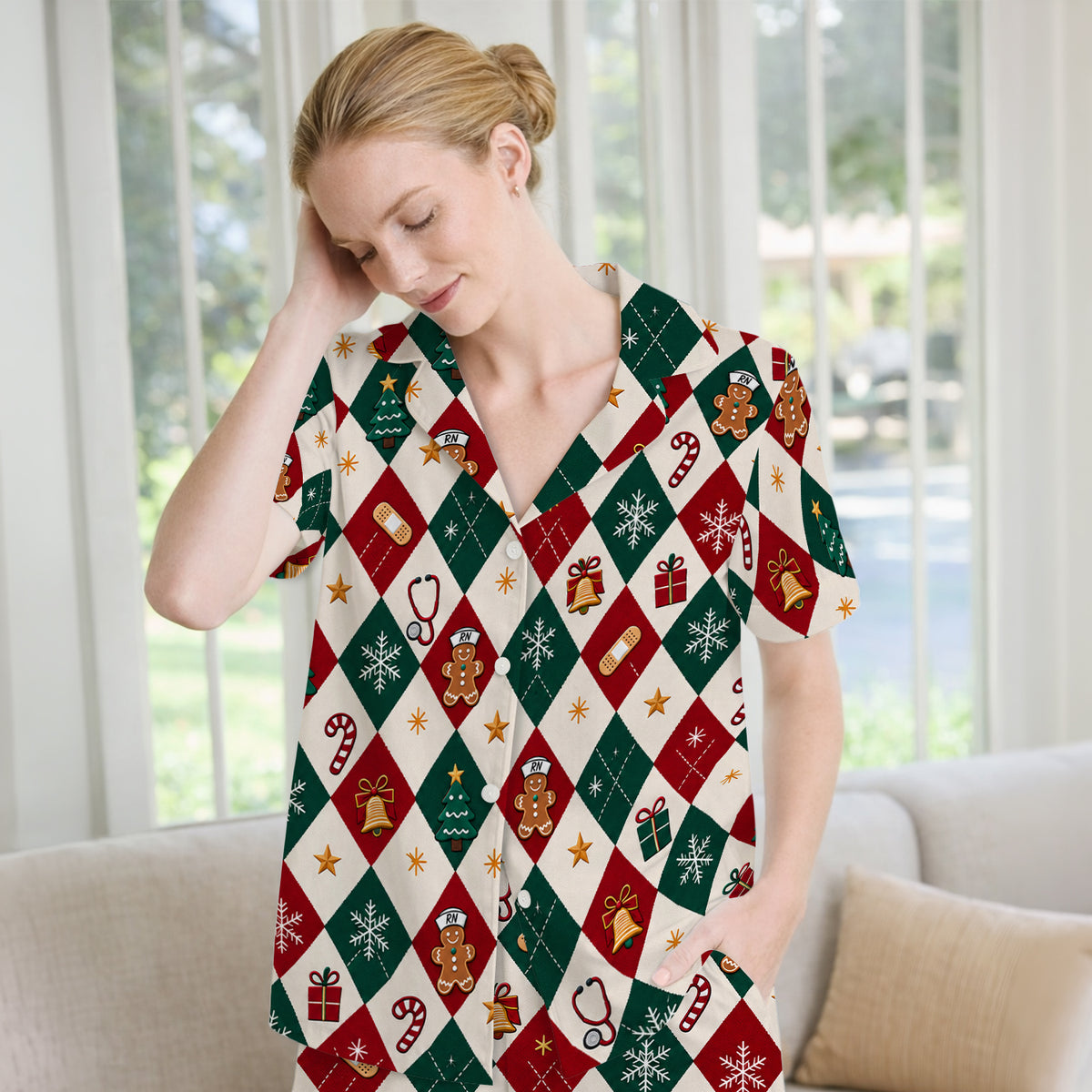 Christmas Gingerbread Nurse Argyle Pajama Set, Soft Breathable Fabric Comfortable Sleepwear