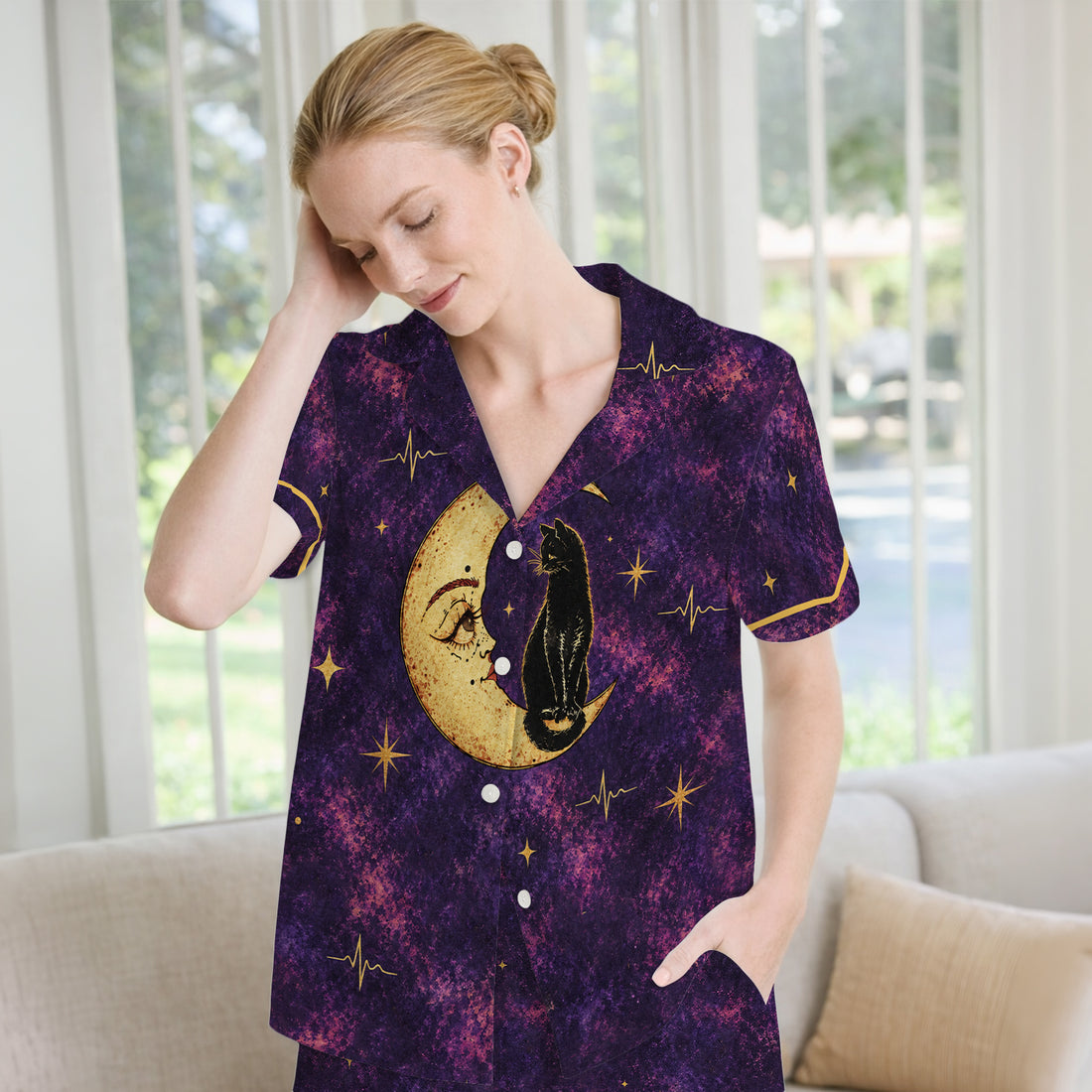 Celestial Nurse Black Cat Crescent Moon Pajama Set, Soft Breathable Fabric Comfortable Sleepwear
