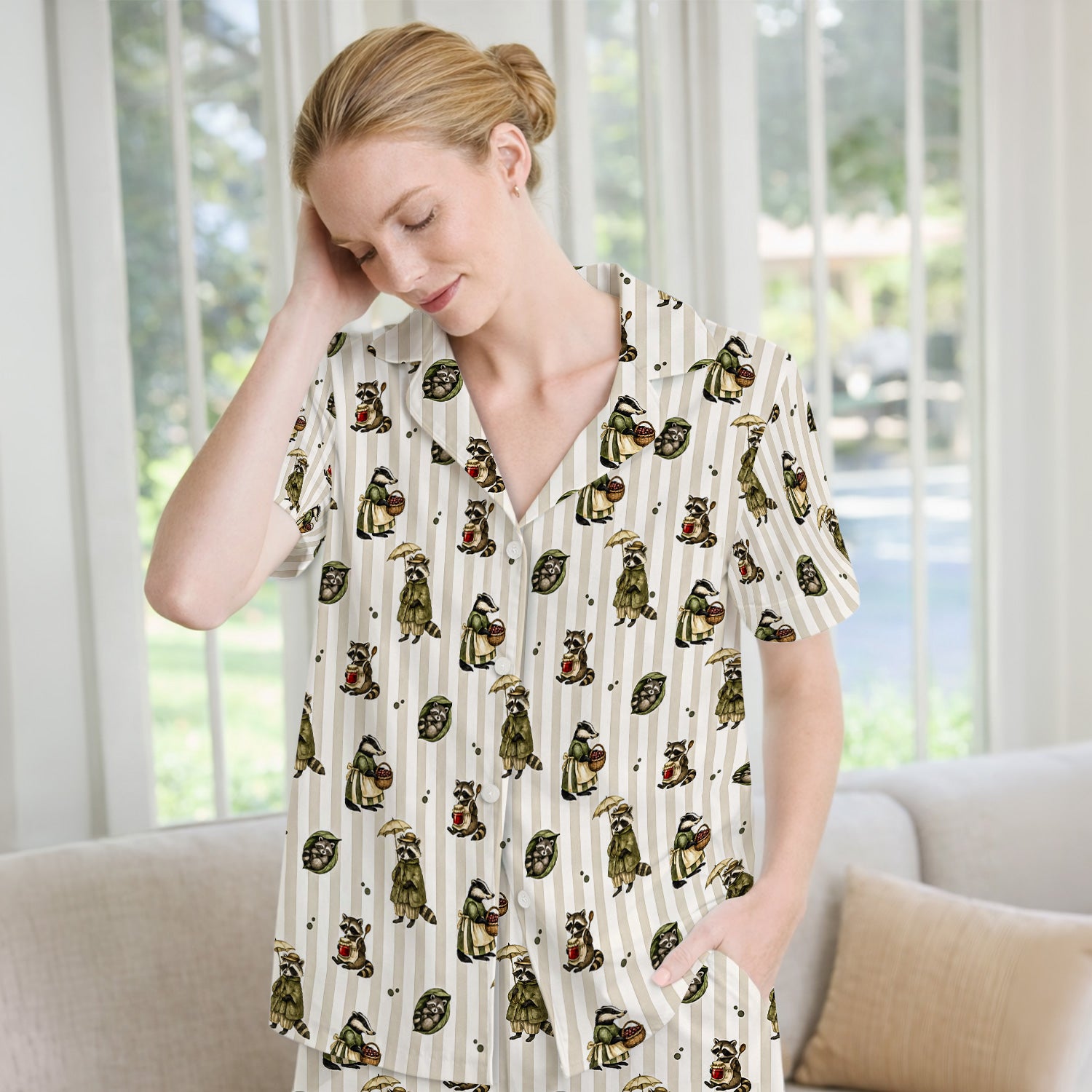 Cute Woodland Raccoon Print Pajama Set, Soft Breathable Fabric Comfortable Sleepwear