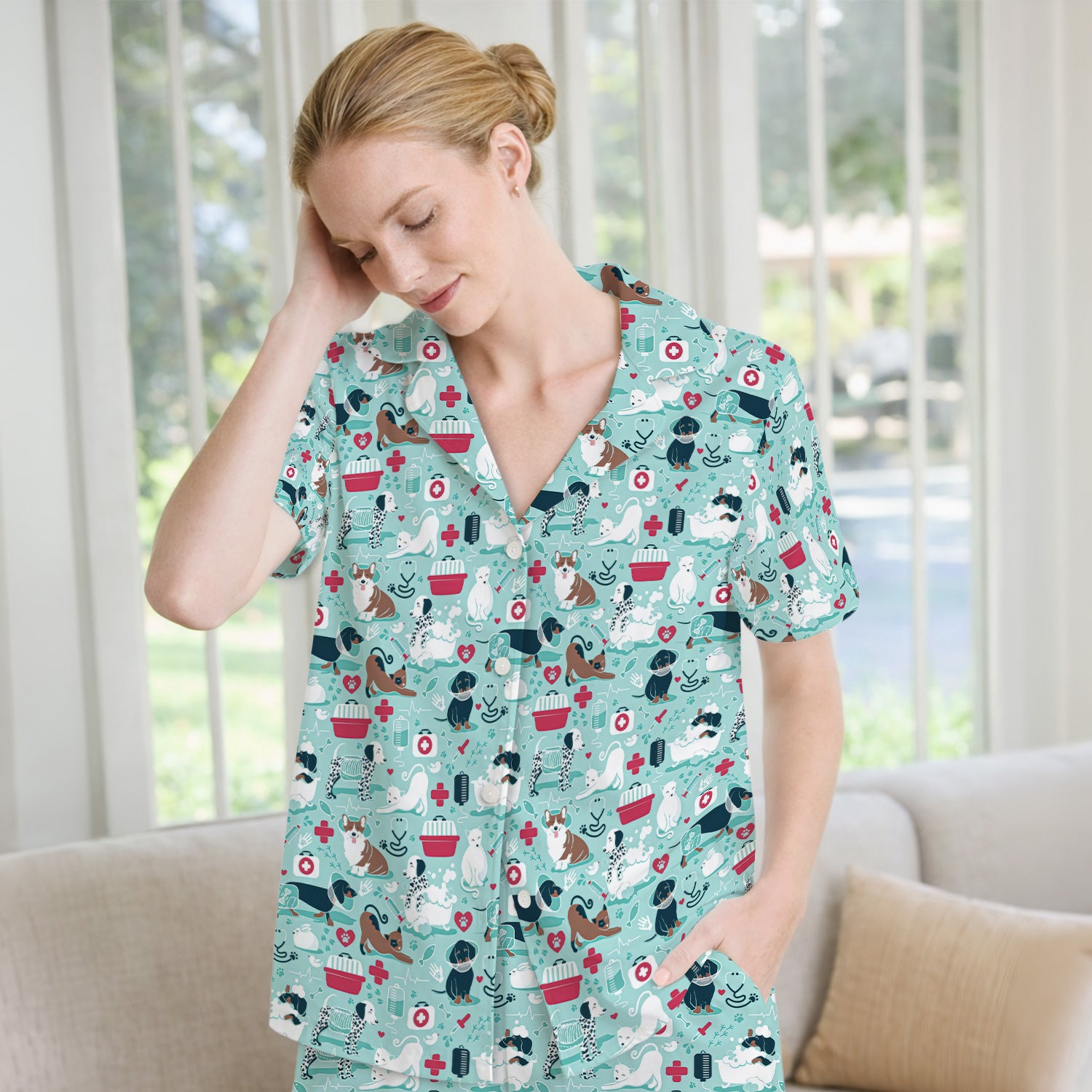 Dogs With Veterinary Tools And Paw Print Pajama Set, Breathable Fabrics Uniform