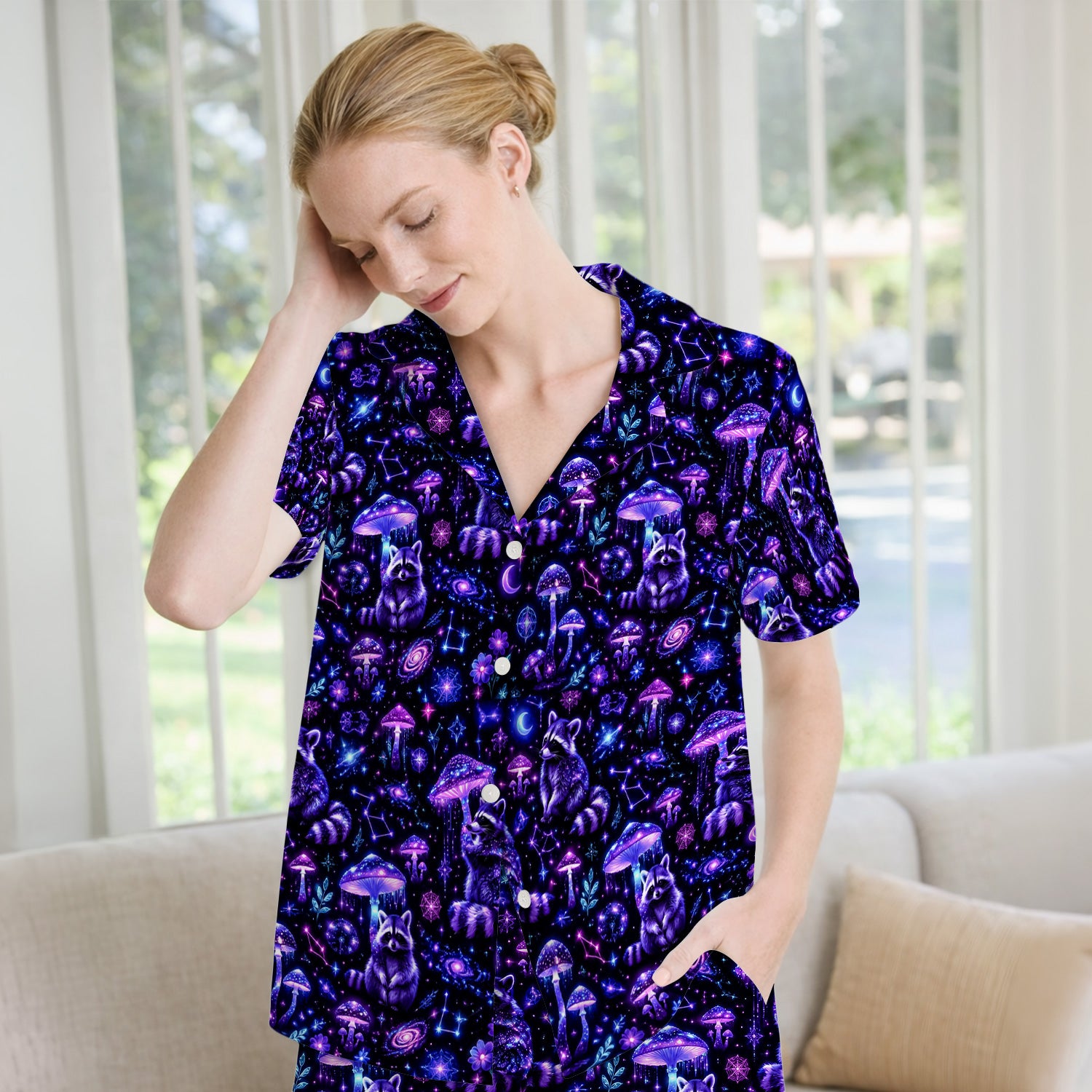 Cosmic Raccoon Mushroom Print Pajama Set, Soft Breathable Fabric Comfortable Sleepwear
