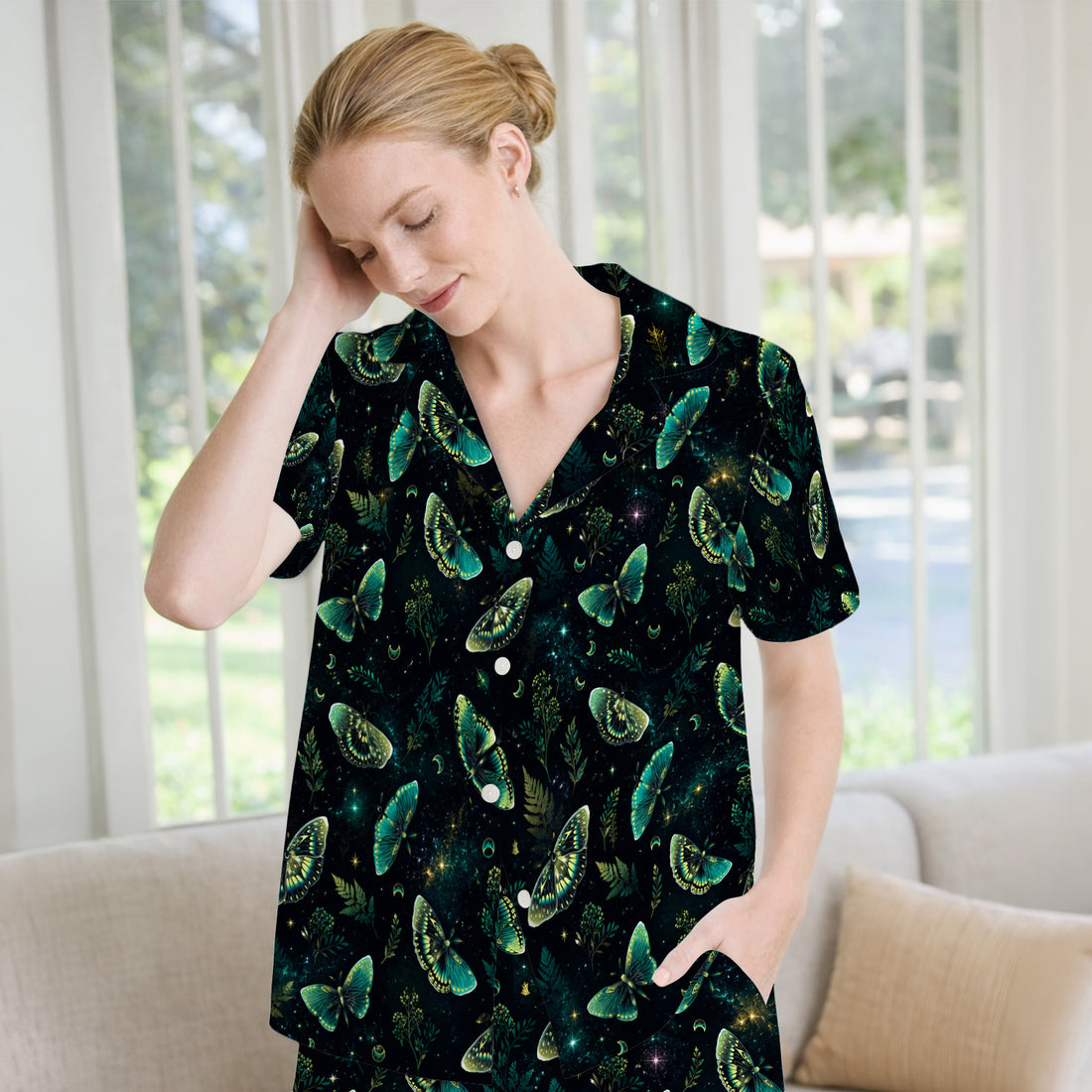 Mystical Moonlight Butterfly Garden Pattern Pajama Set, Soft Breathable Fabric Comfortable Sleepwear