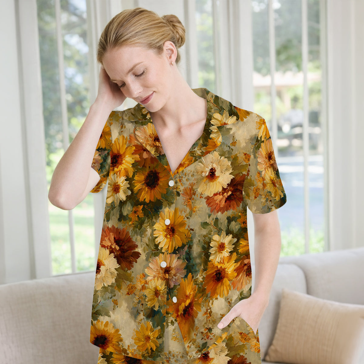 Vintage Sunflower Oil Painting Pajama Set, Soft Breathable Fabric Comfortable Sleepwear