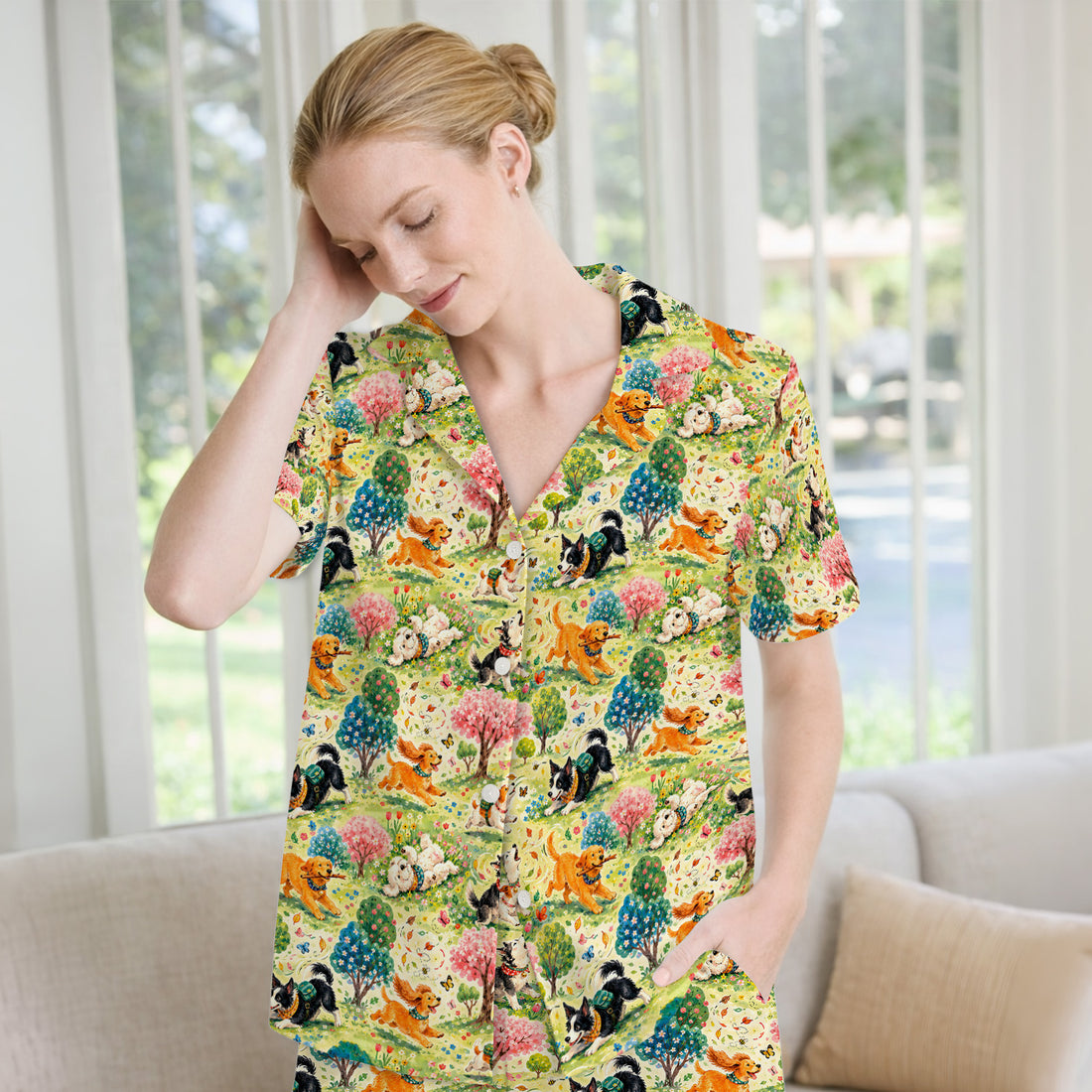 Playful Spring Garden Dogs Pattern Pajama Set, Soft Breathable Fabric Comfortable Sleepwear