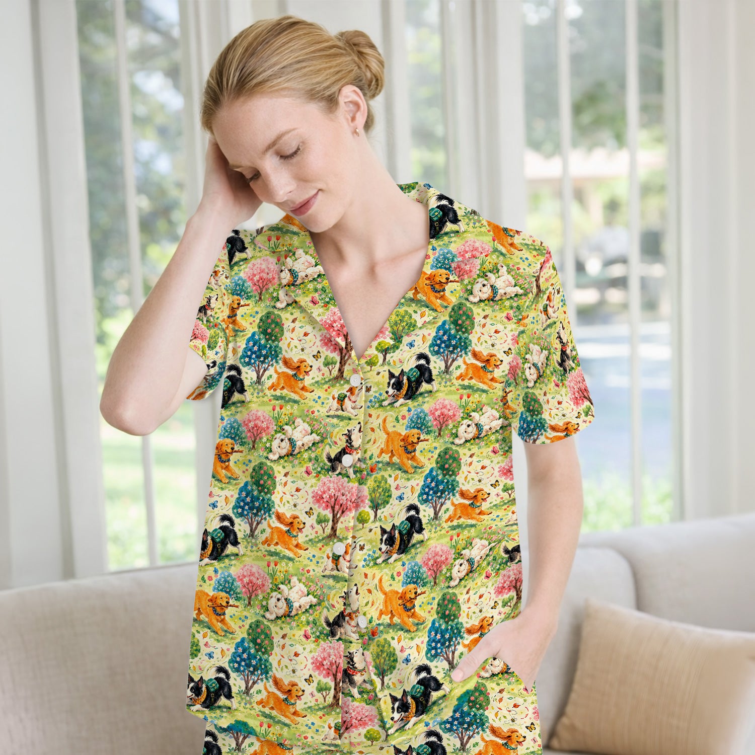 Playful Spring Garden Dogs Pattern Pajama Set, Soft Breathable Fabric Comfortable Sleepwear