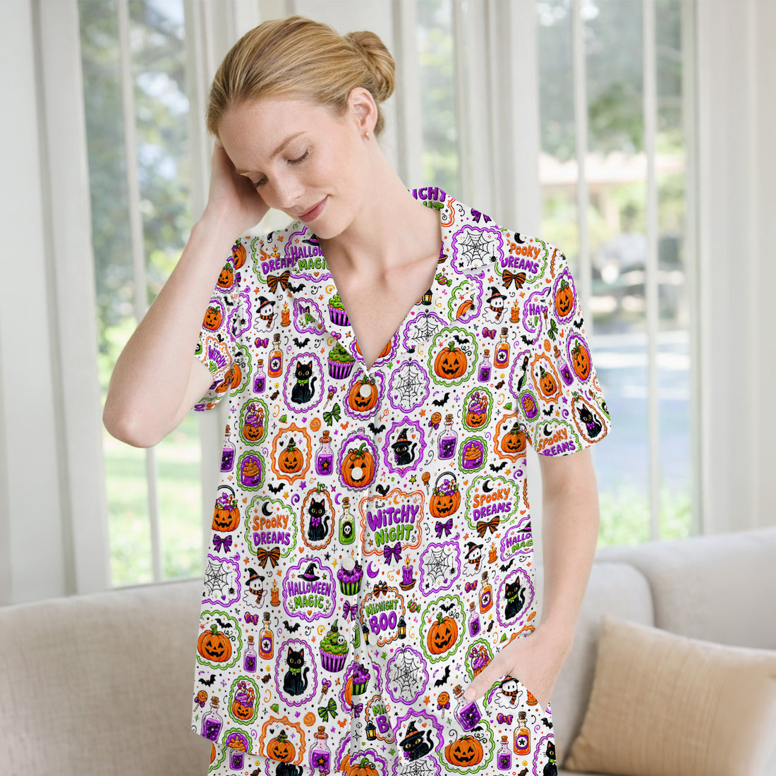 Witchy Halloween Magic And Pumpkins Pajama Set, Soft Breathable Fabric Comfortable Sleepwear