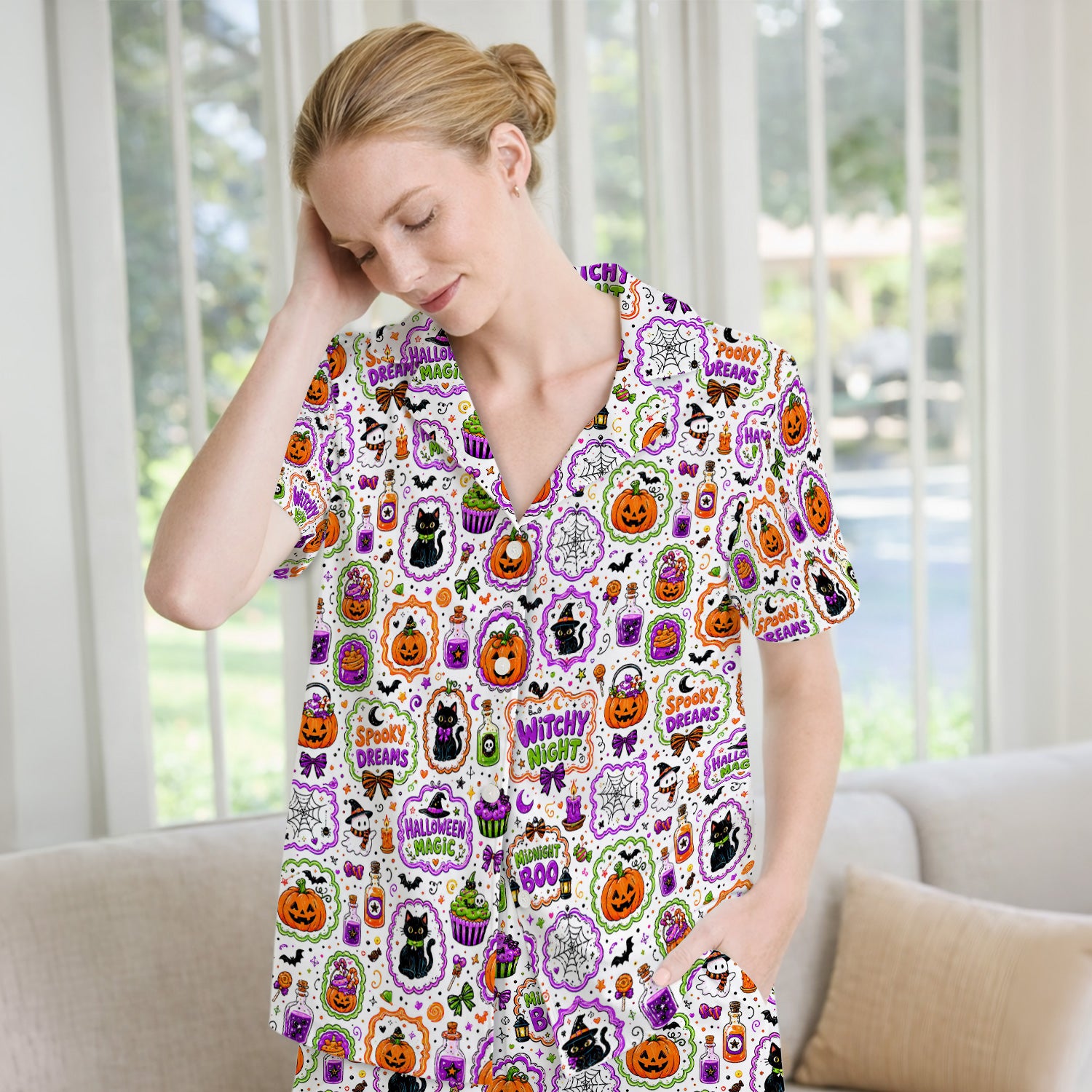 Witchy Halloween Magic And Pumpkins Pajama Set, Soft Breathable Fabric Comfortable Sleepwear