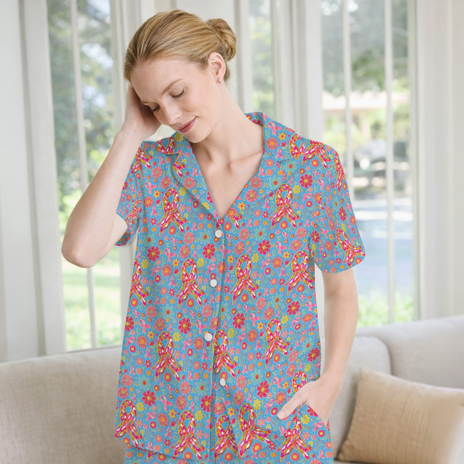 Colorful Pink Ribbon Floral Pajama Set, Soft Breathable Fabric Comfortable Sleepwear