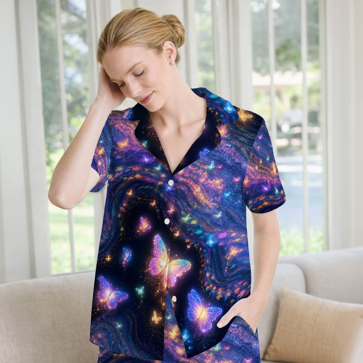 Neon Butterfly Galaxy Marble Print Pajama Set, Soft Breathable Fabric Comfortable Sleepwear