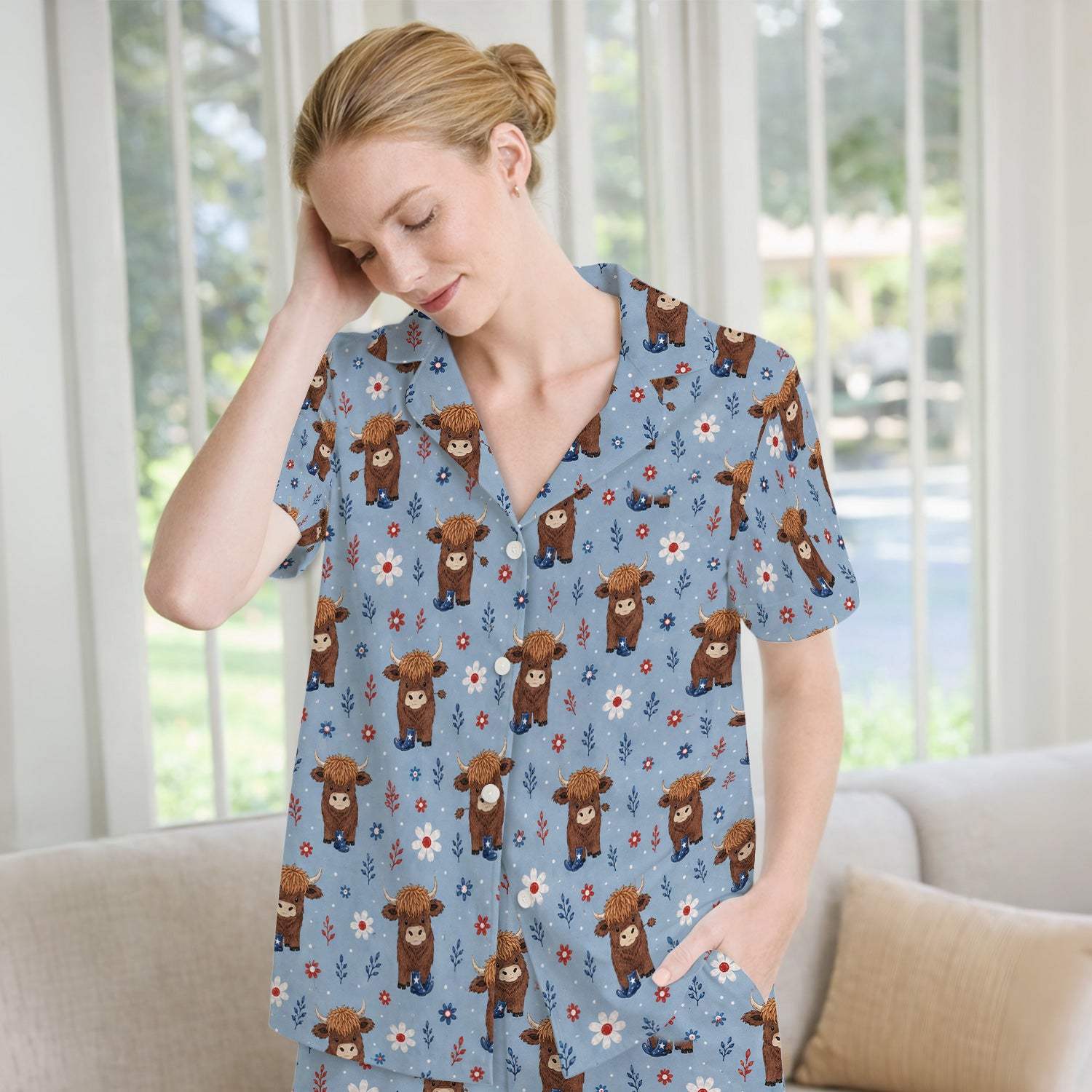 Floral Cowboy Boots Pattern Pajama Set, Soft Breathable Fabric Comfortable Sleepwear